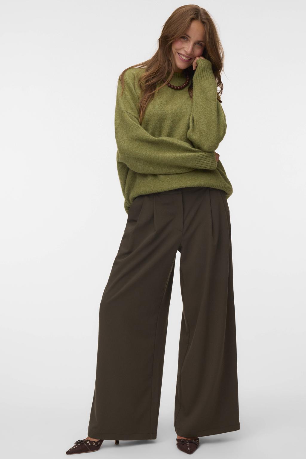 Groene dames VERO MODA wide leg casual broek met knoopsluiting en effen