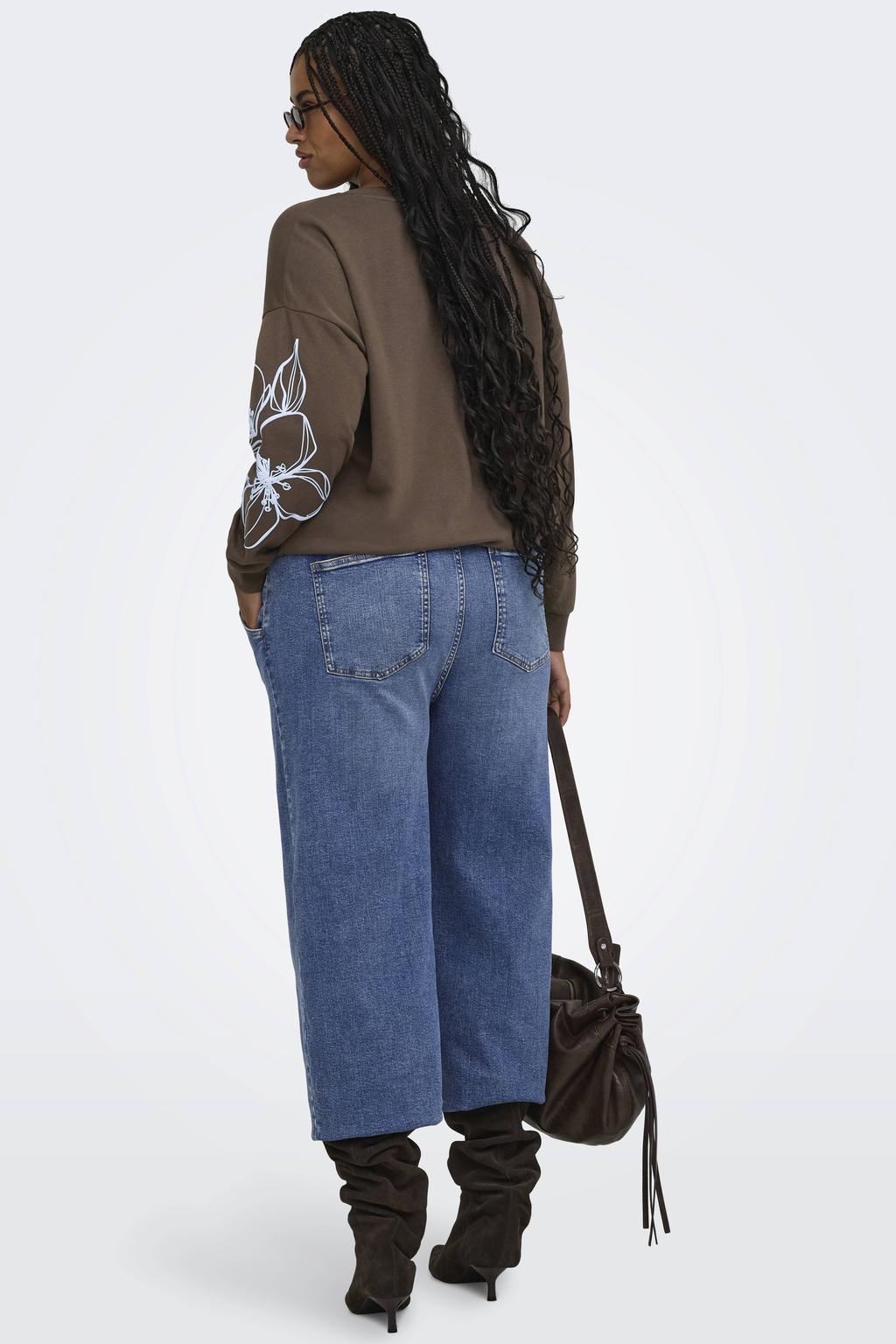 Bruin en blauwe dames ONLY CARMAKOMA rechtvallende gebreide sweater Plus Size van katoen met effen en lange mouwen
