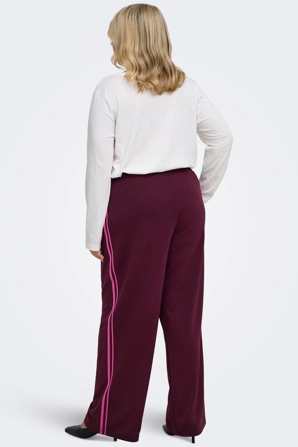 Donkerrode dames ONLY CARMAKOMA Carcayla Pant Swt Jrs gestreepte casual broek Plus Size van polyester met straight fit, high waist en elastische tailleband