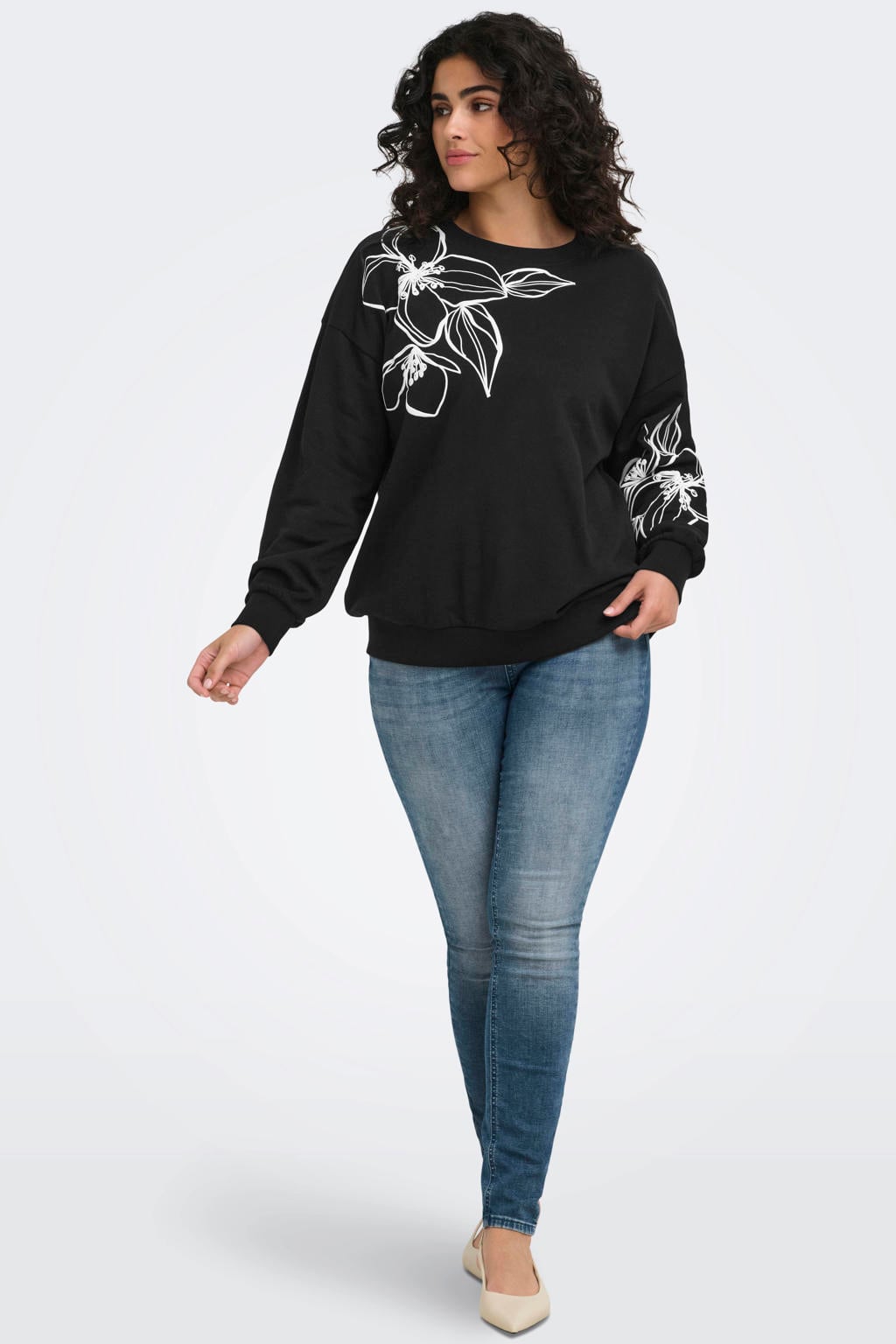 Zwart en witte dames ONLY CARMAKOMA rechtvallende gebreide sweater Plus Size van katoen met effen en lange mouwen