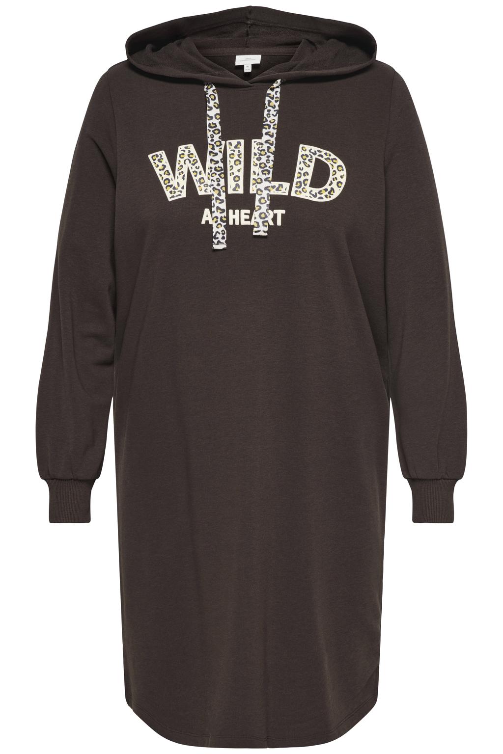 Bruine dames ONLY CARMAKOMA sweatjurk Plus Size van polyester met tekst print, lange mouwen en capuchon