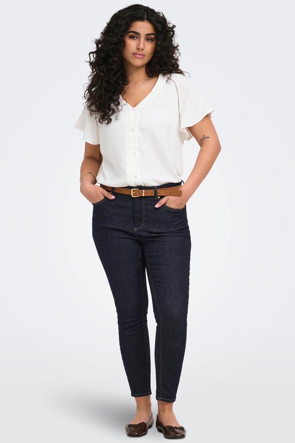 Dark blue denim dames ONLY CARMAKOMA Carwilly Reg Skinny Ank Dnm Box Noos jeans Plus Size met high waist en effen