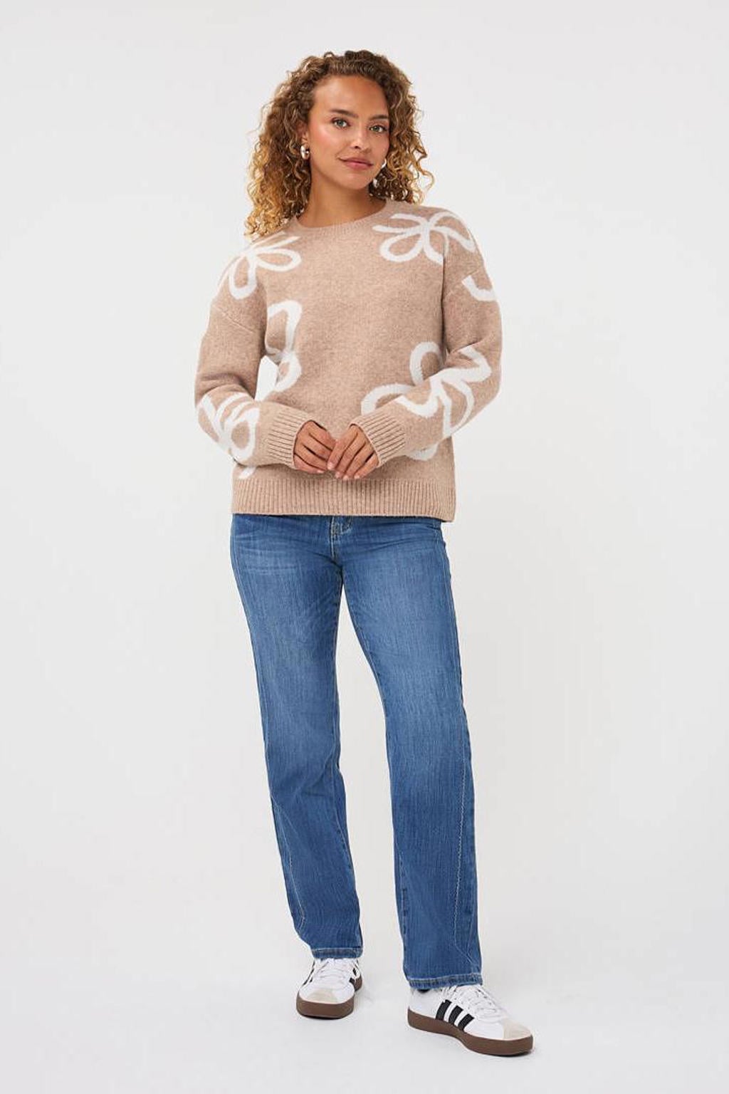 Beige en ecru dames Esqualo gebloemde trui van polyester met lange mouwen en ronde hals