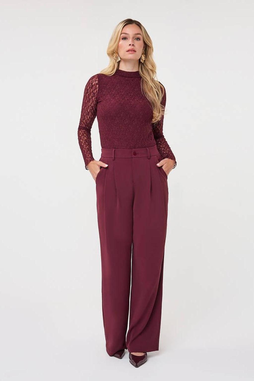 Donkerrode dames Esqualo wide leg broek met high waist, knoopsluiting en effen