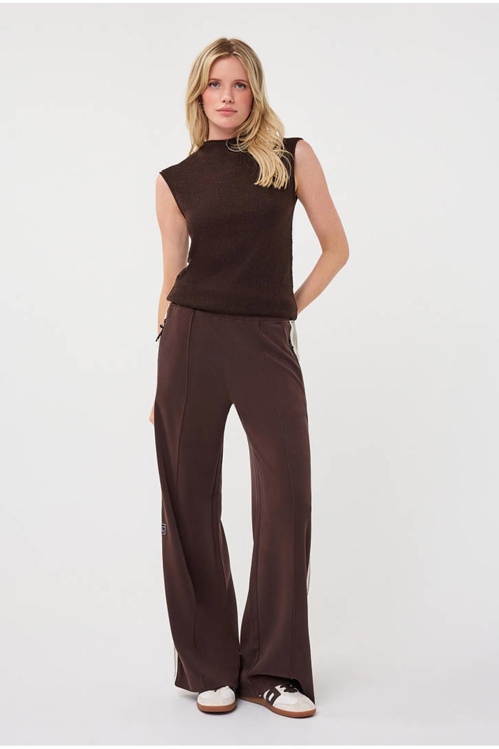 Bruin en witte dames Esqualo wide leg gestreepte broek met high waist