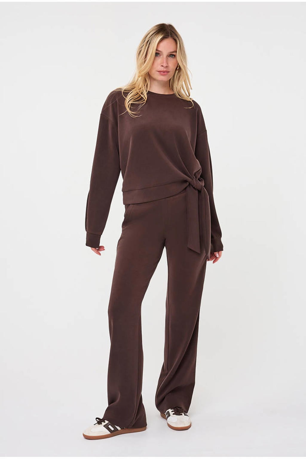 Bruine dames Esqualo trui van polyester met effen, lange mouwen en ronde hals