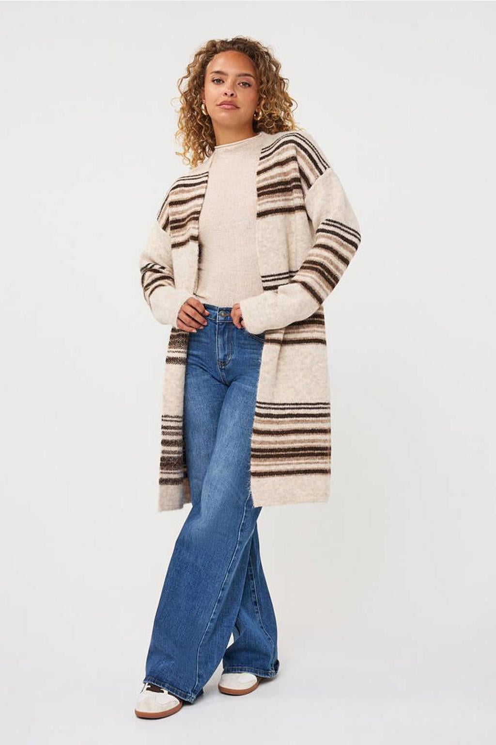, beige en bruine dames Esqualo van polyester met strepenprint, lange mouwen en V-hals