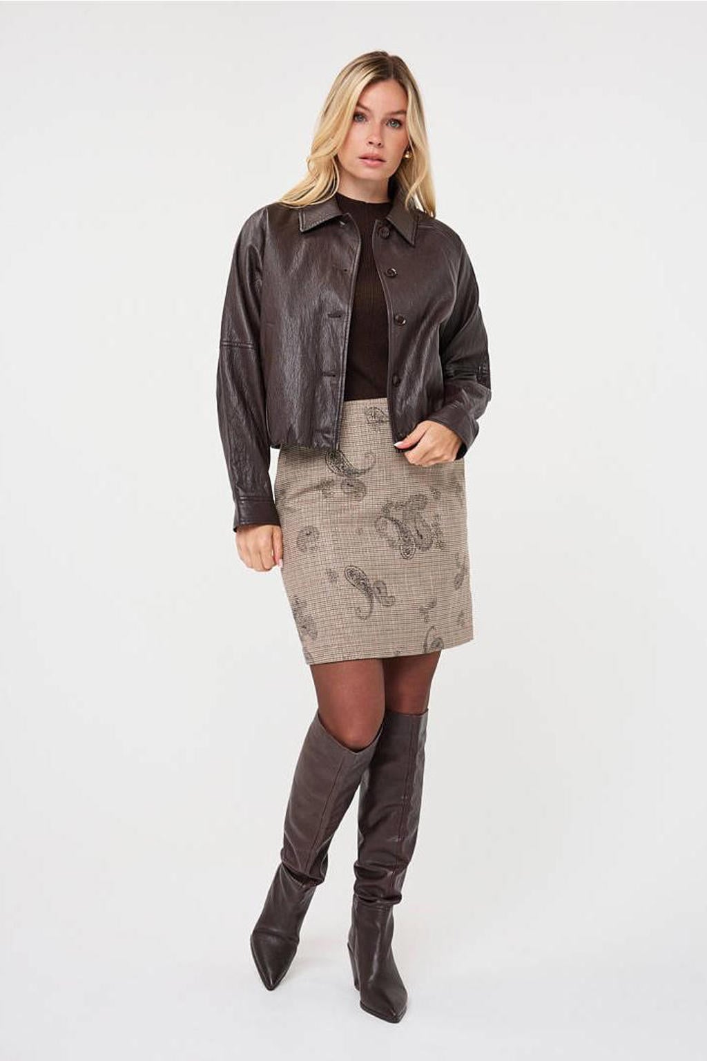 Bruine dames Esqualo imitatieleren jas van viscose met lange mouwen