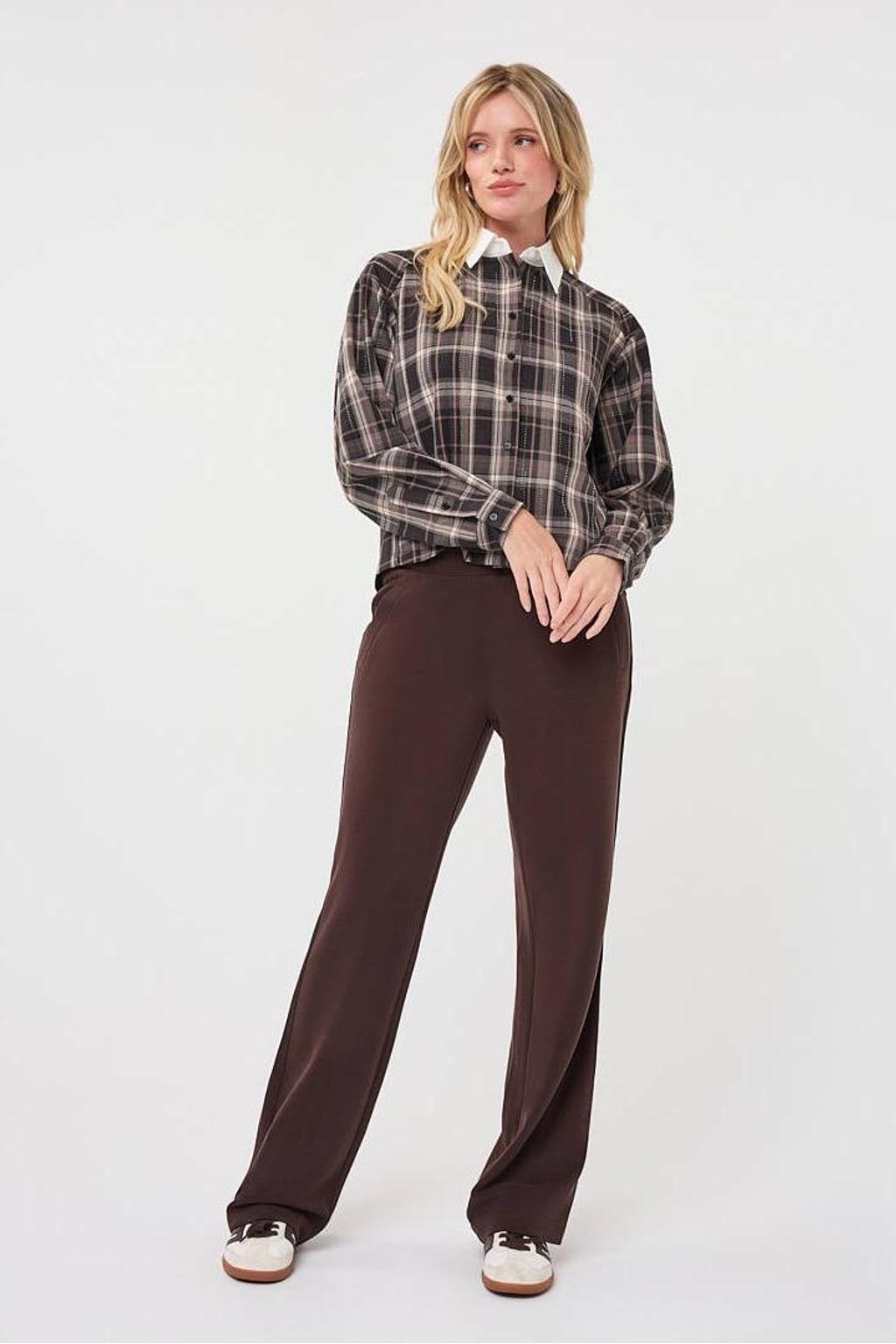 Bruin en ecru dames Esqualo blouse van polyester met effen, lange mouwen, klassieke kraag en knoopsluiting