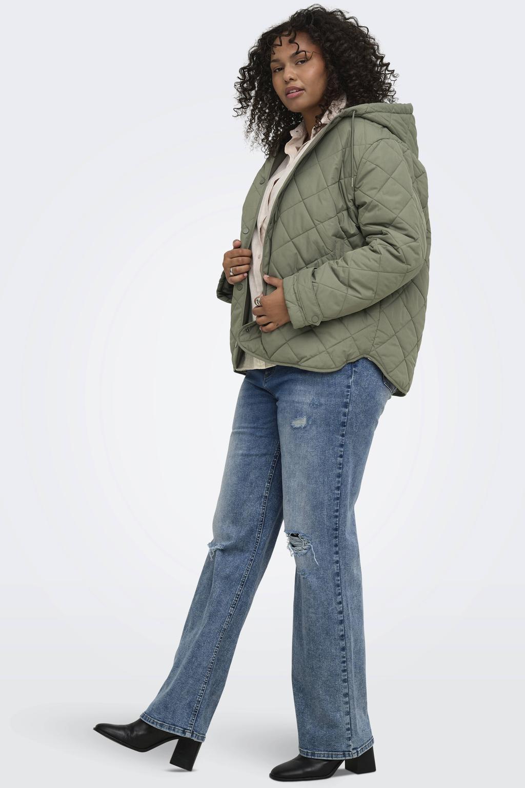 Groene dames ONLY CARMAKOMA quilted jas Plus Size van polyester met effen, lange mouwen, capuchon, knoopsluiting en doorgestikte details