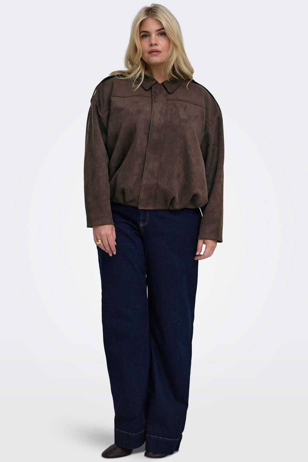 Donkerblauwe dames ONLY CARMAKOMA Carmoon-Stina L S Faux Suede Bomber Otw imitatieleren jas Plus Size van suèdelook met lange mouwen en ritssluiting