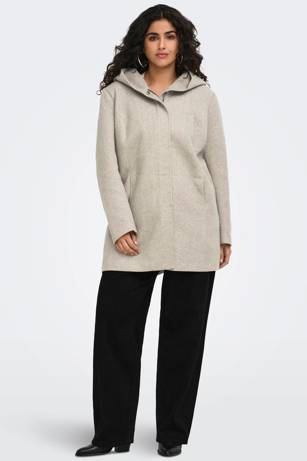 Beige dames ONLY CARMAKOMA Plus Size winterjas van polyester met effen, lange mouwen, capuchon en rits- en drukknoopsluiting