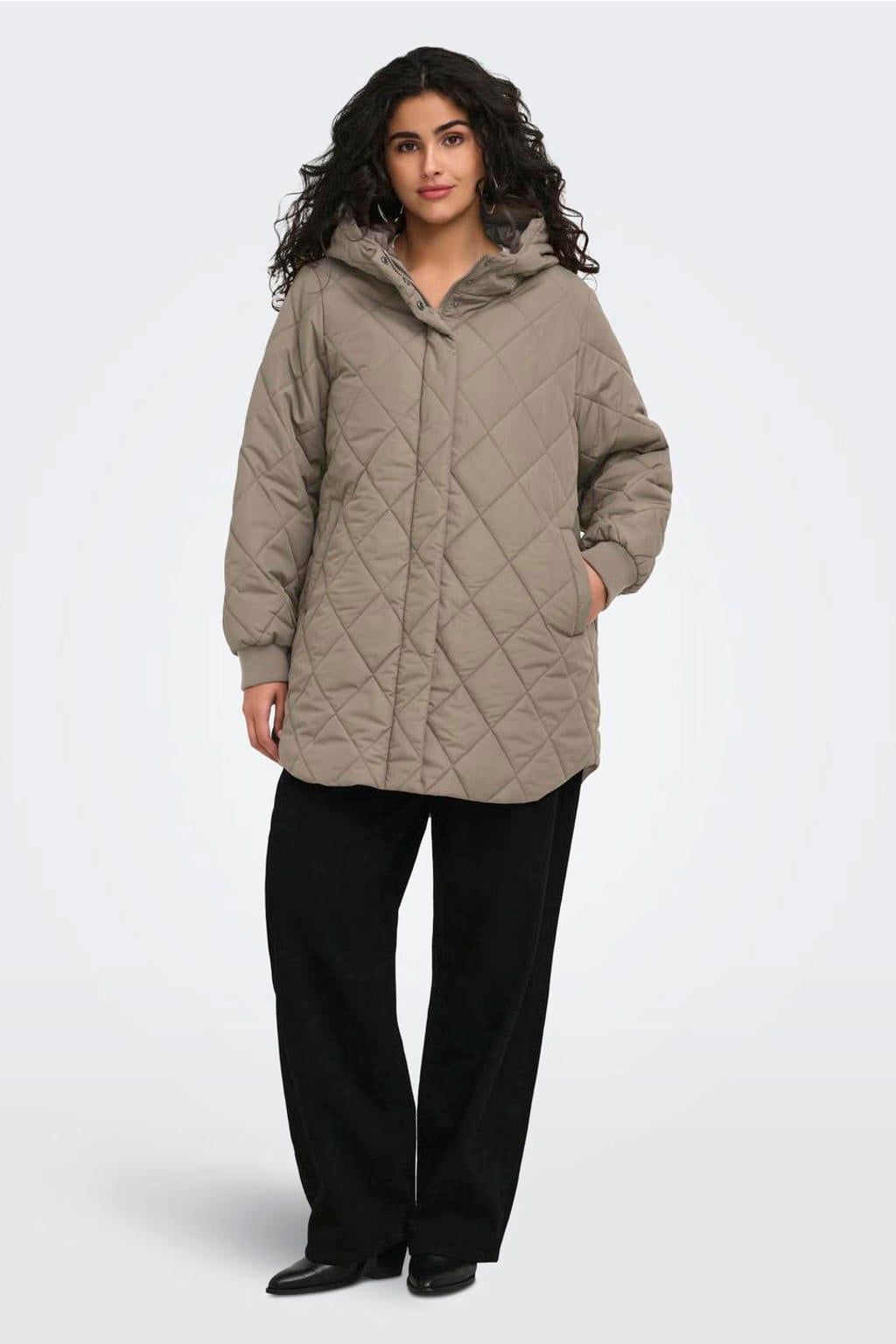 Beige dames ONLY CARMAKOMA Carjuliet Quiltd Hood Zip Coat Otw Noos jas Plus Size van polyester met effen, lange mouwen en reverskraag