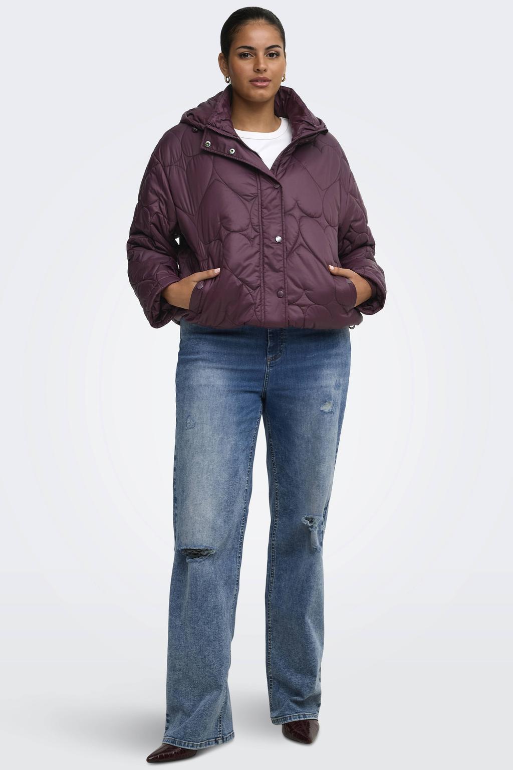 Donkerpaarse dames ONLY CARMAKOMA jas Plus Size van nylon met lange mouwen, reverskraag, knoopsluiting en quilted