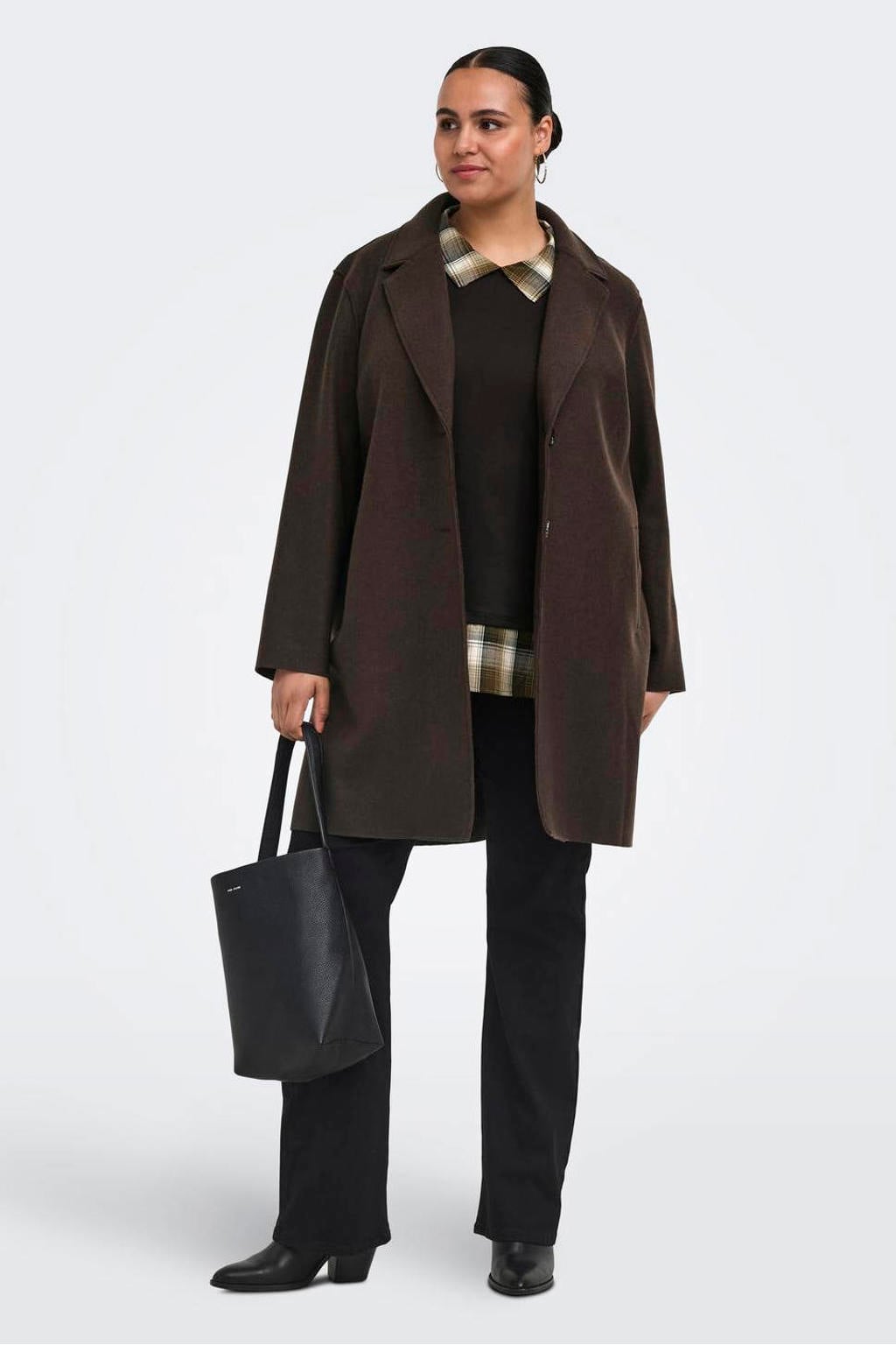 Bruine dames ONLY CARMAKOMA manteljas Plus Size van polyester met melée print, lange mouwen, reverskraag en knoopsluiting