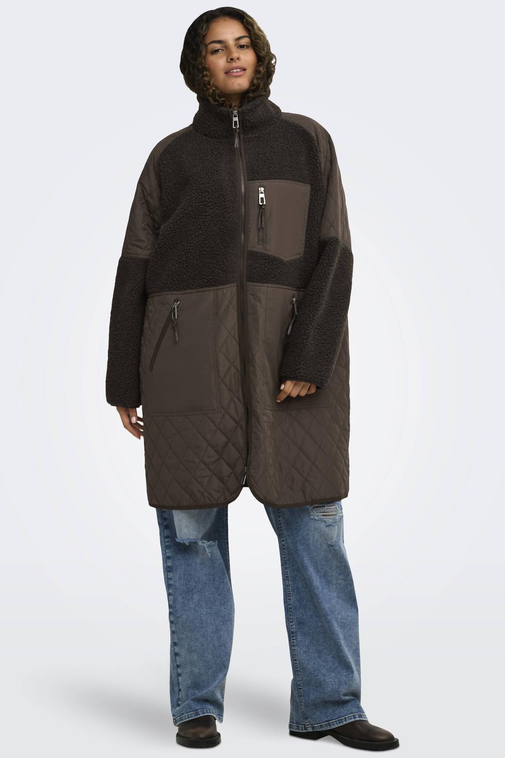 Donkerblauwe dames ONLY CARMAKOMA quilted mantel Plus Size van polyester met effen, lange mouwen, col en ritssluiting