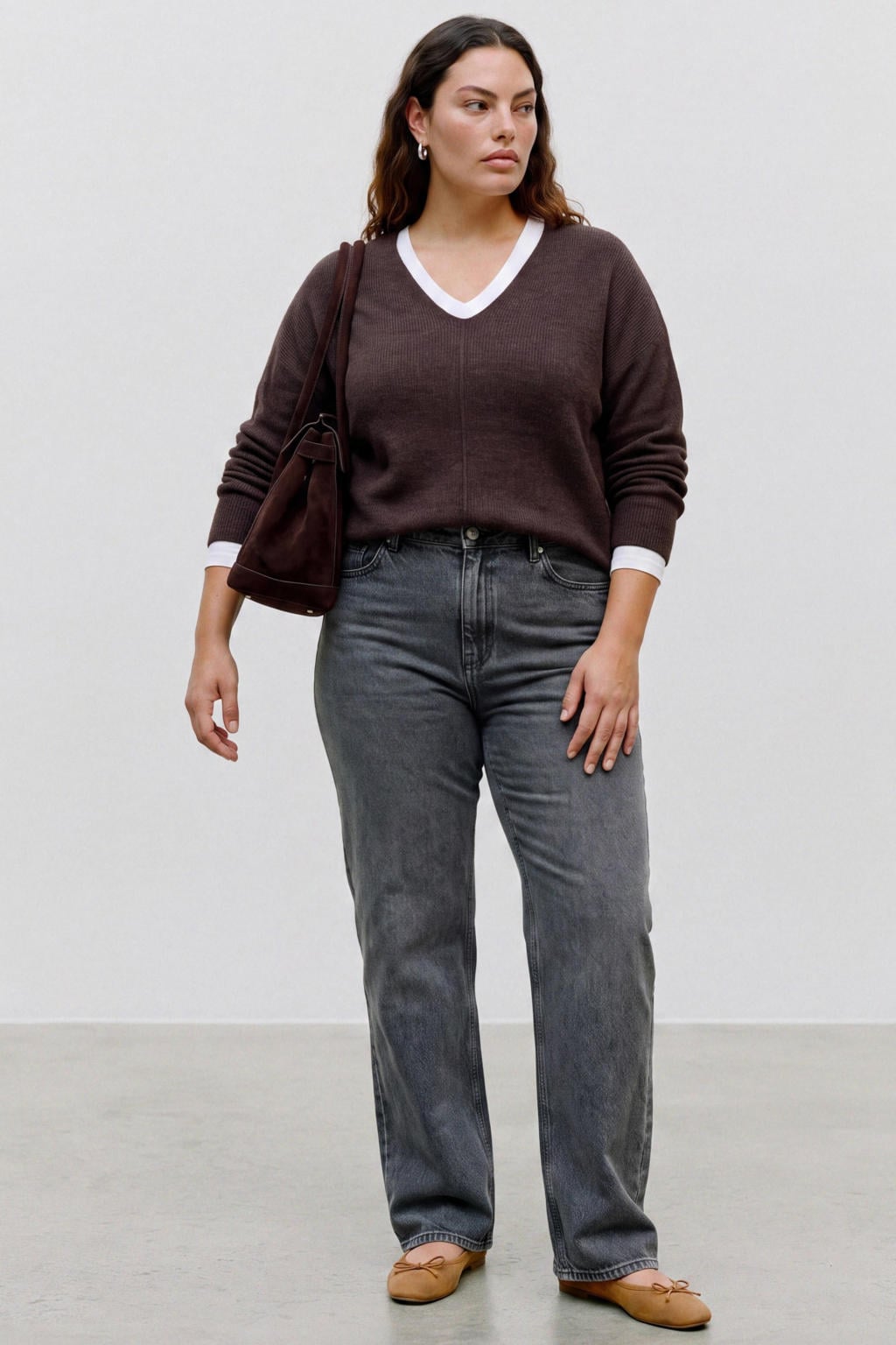 Bruine dames VERO MODA CURVE rechtvallende gebreide gemêleerde pullover Plus Size van acryl met melée print en lange mouwen