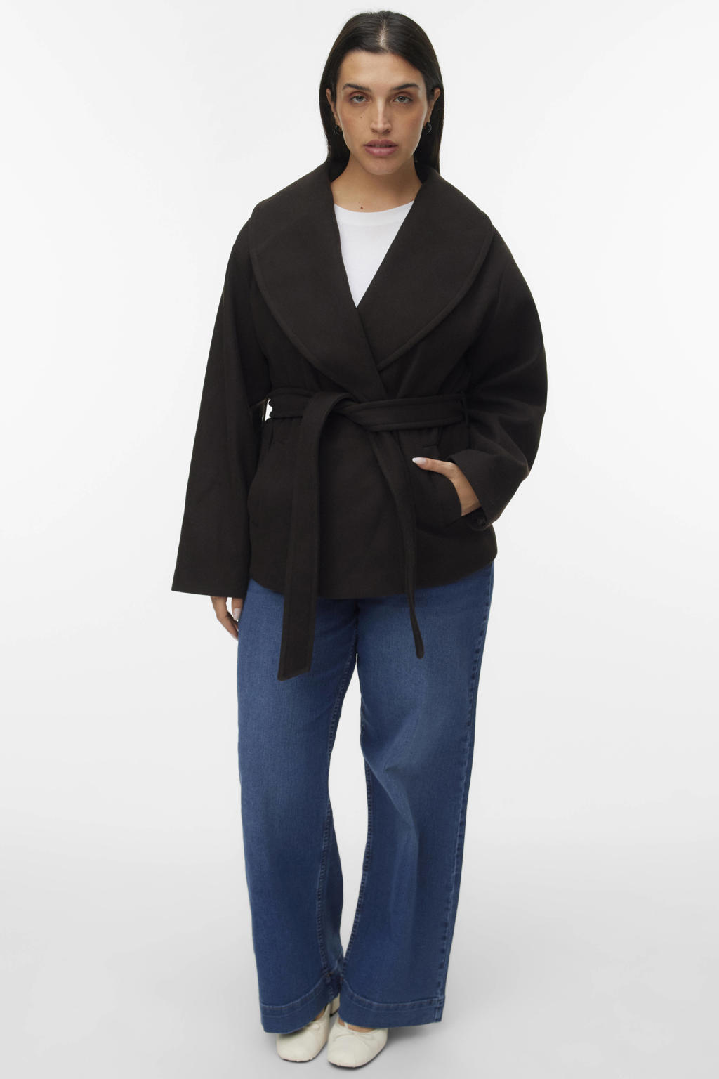 Donkerblauwe dames VERO MODA CURVE outdoorjas Plus Size van polyester met effen, lange mouwen, reverskraag en gesp