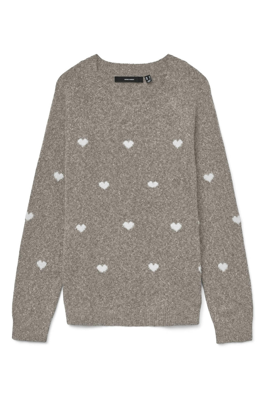 VERO MODA CURVE rechtvallende gebreide trui met borduursels en hartjes Plus Size - beige