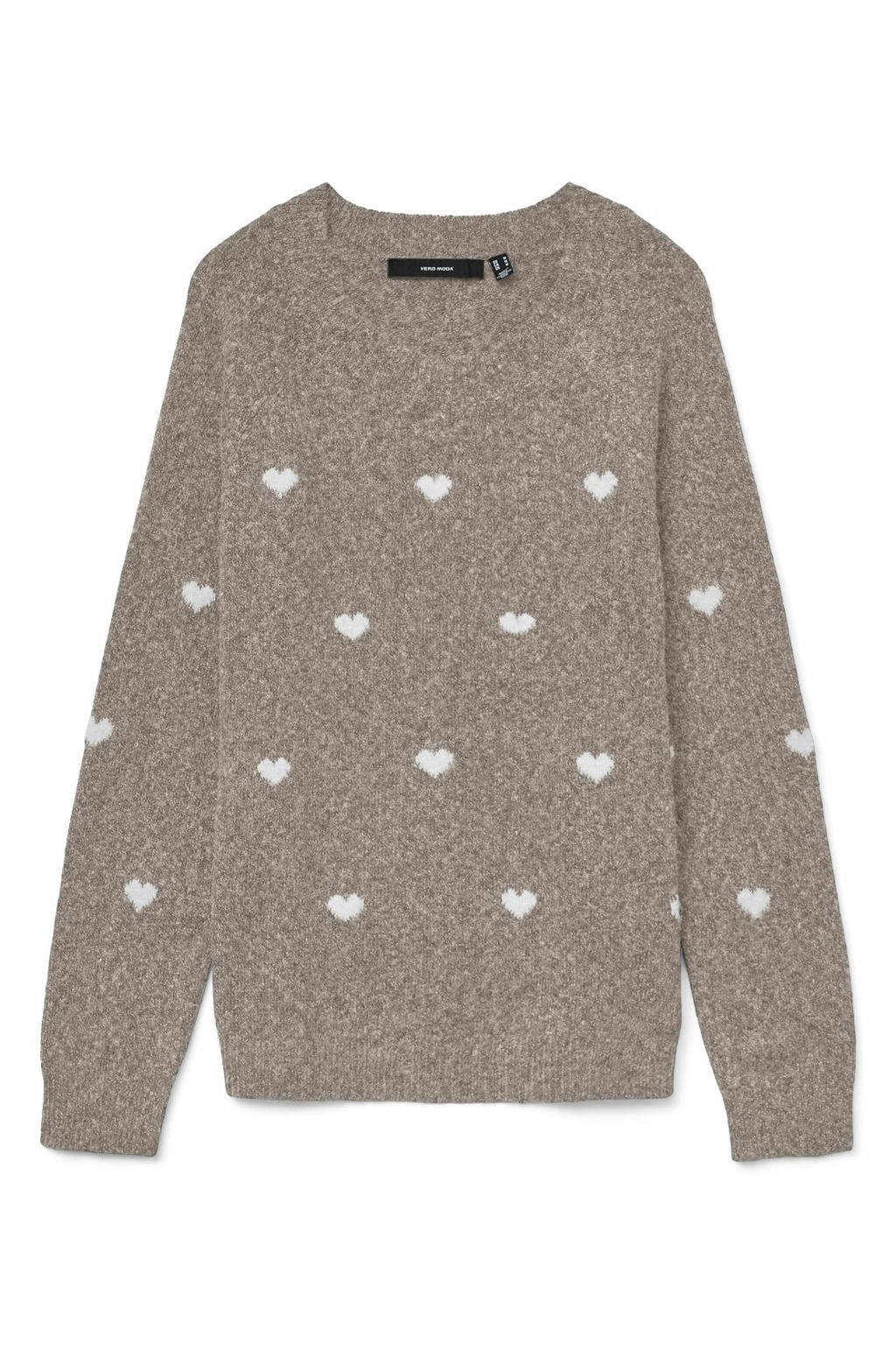 VERO MODA CURVE rechtvallende gebreide trui met borduursels en hartjes Plus Size - beige