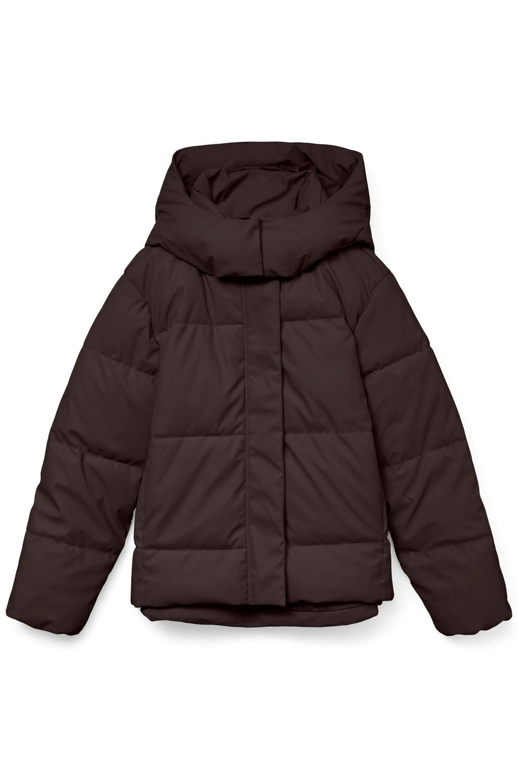 Bruine dames VERO MODA gewatteerde winterjas van polyester met effen, lange mouwen, capuchon en rits- en drukknoopsluiting