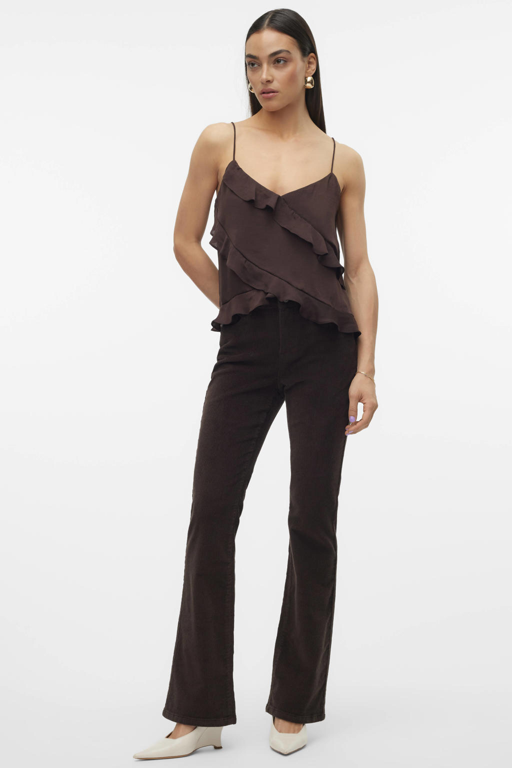 Bruine dames VERO MODA corduroy flared broek met regular waist, rits- en knoopsluiting en effen