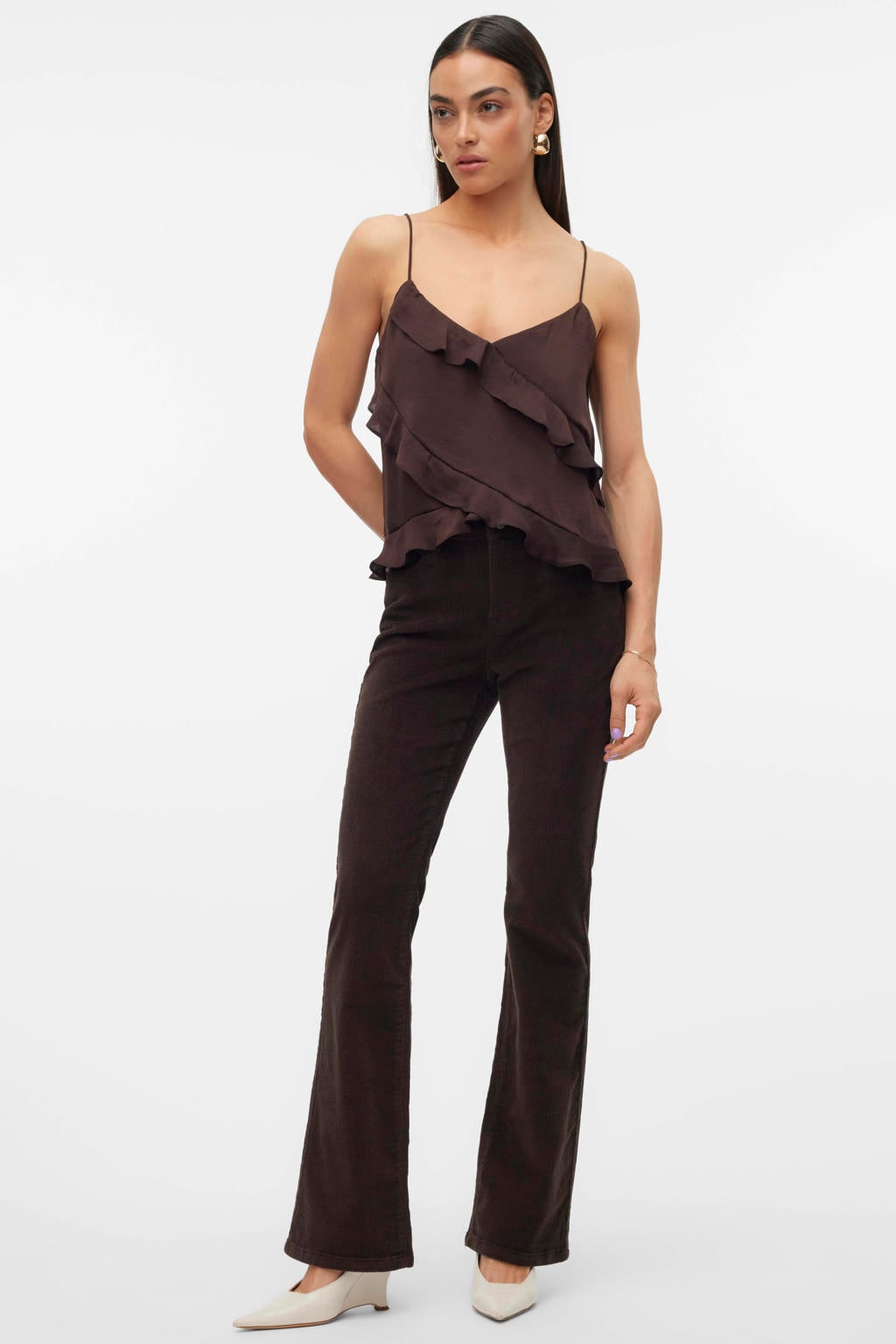 Bruine dames VERO MODA corduroy flared broek met regular waist, rits- en knoopsluiting en effen
