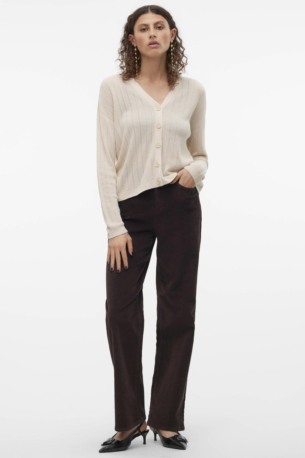 Donkerblauwe dames VERO MODA van corduroy met wijde pijpen, high waist, ritssluiting en effen