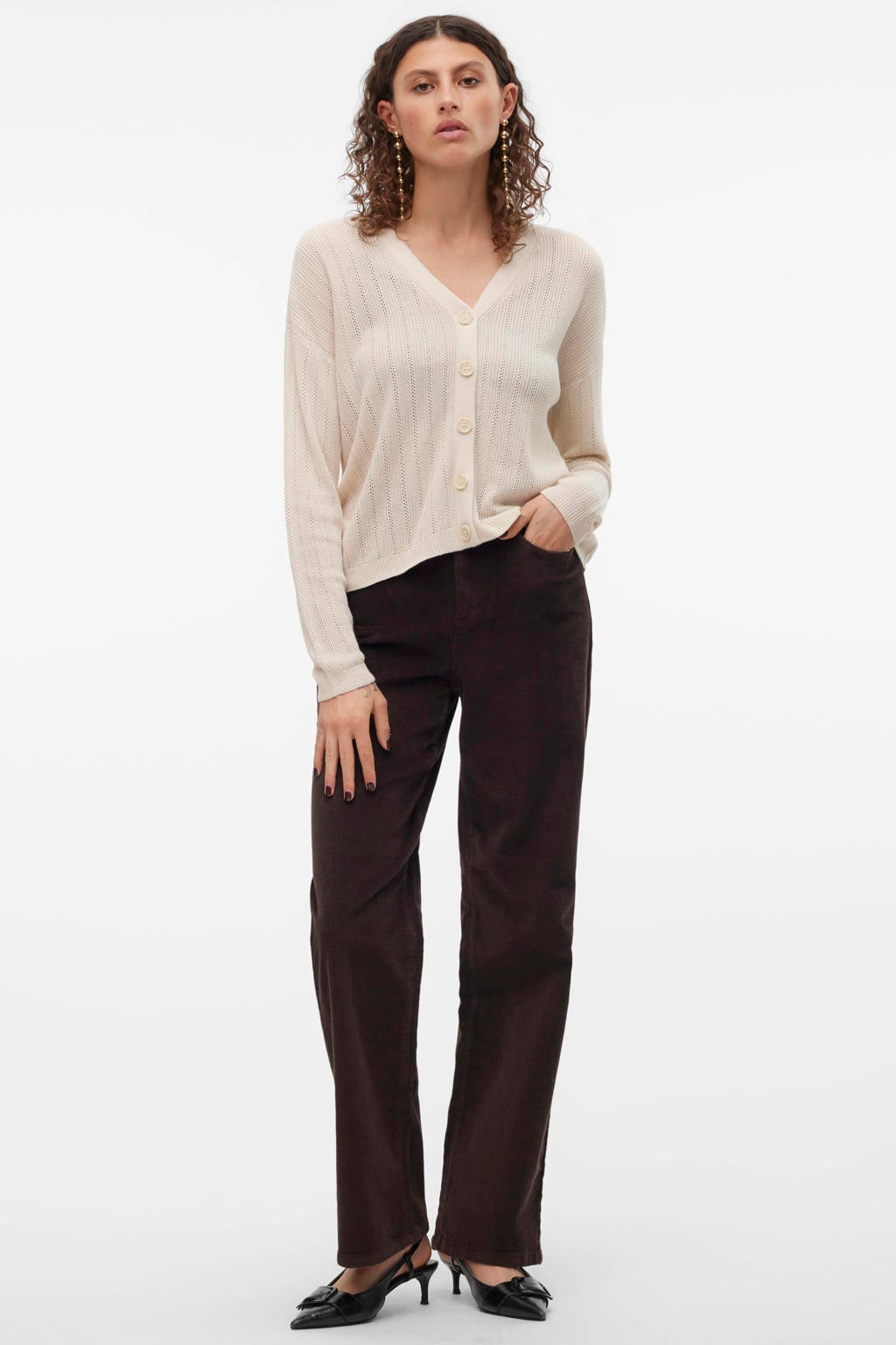 Donkerblauwe dames VERO MODA van corduroy met wijde pijpen, high waist, ritssluiting en effen
