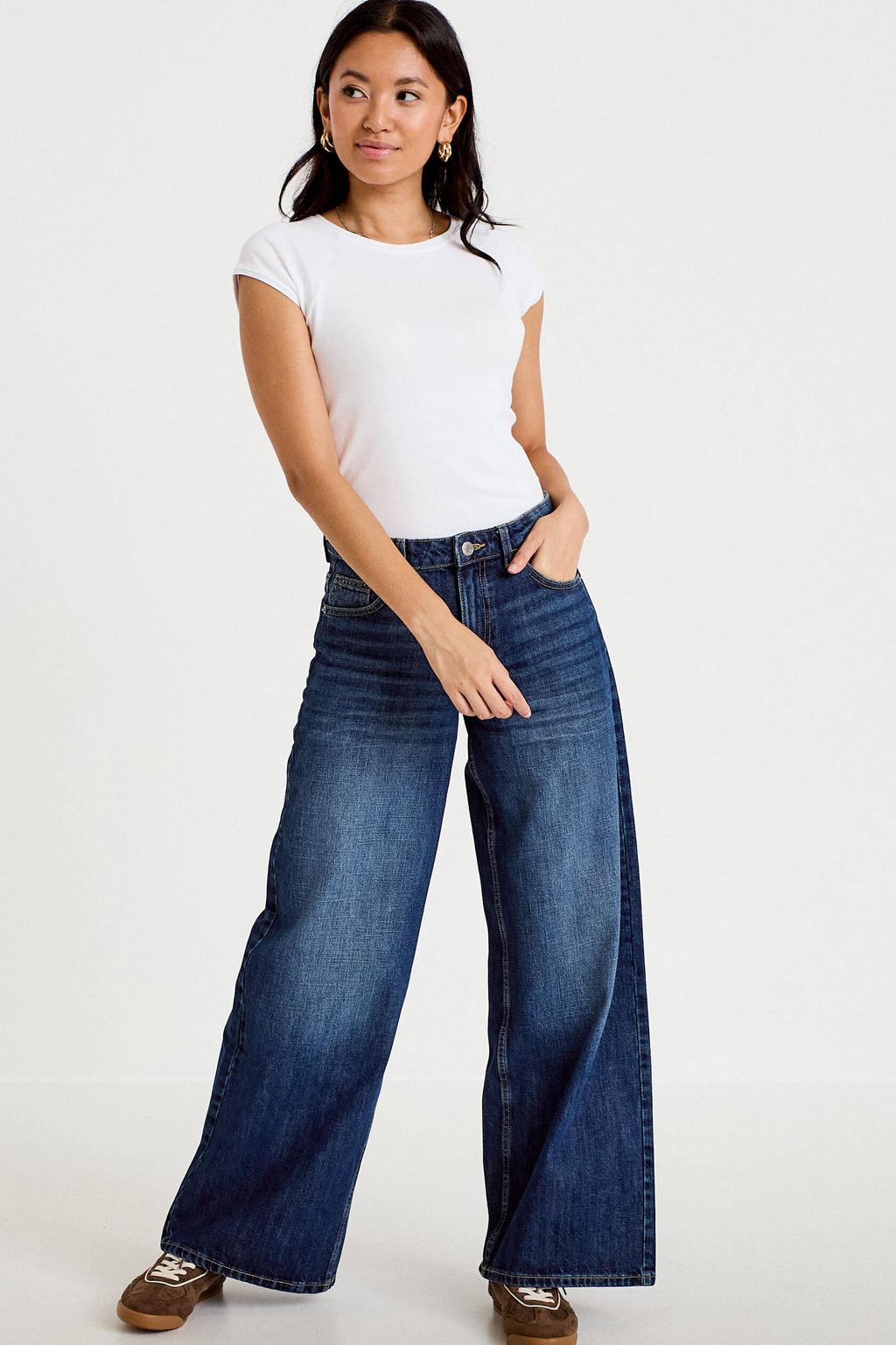 Stonewashed dames Cache Cache regular waist wide leg jeans van denim met rits- en knoopsluiting en effen