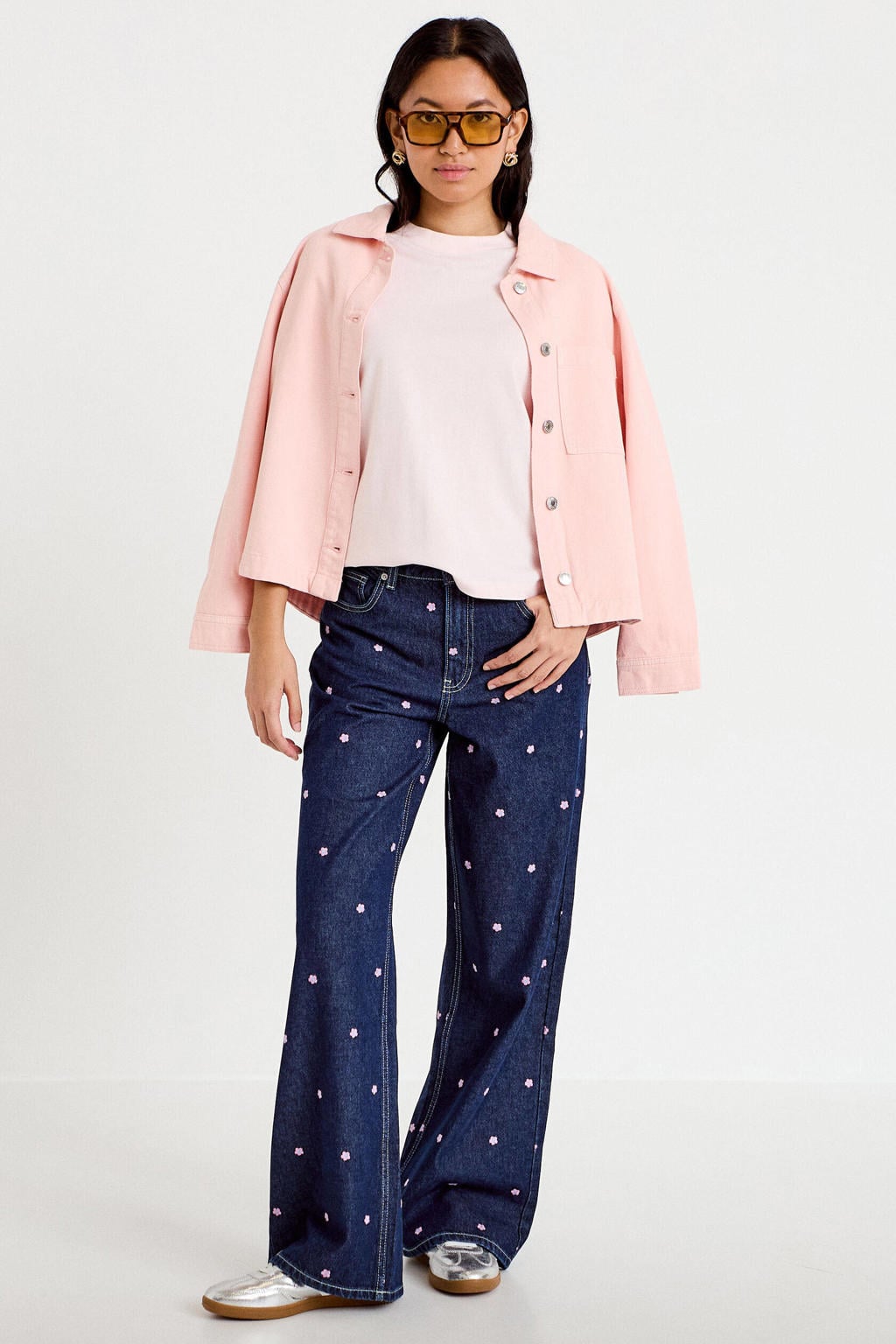 Cache Cache gebloemde wide leg jeans met borduursels - donkerblauw