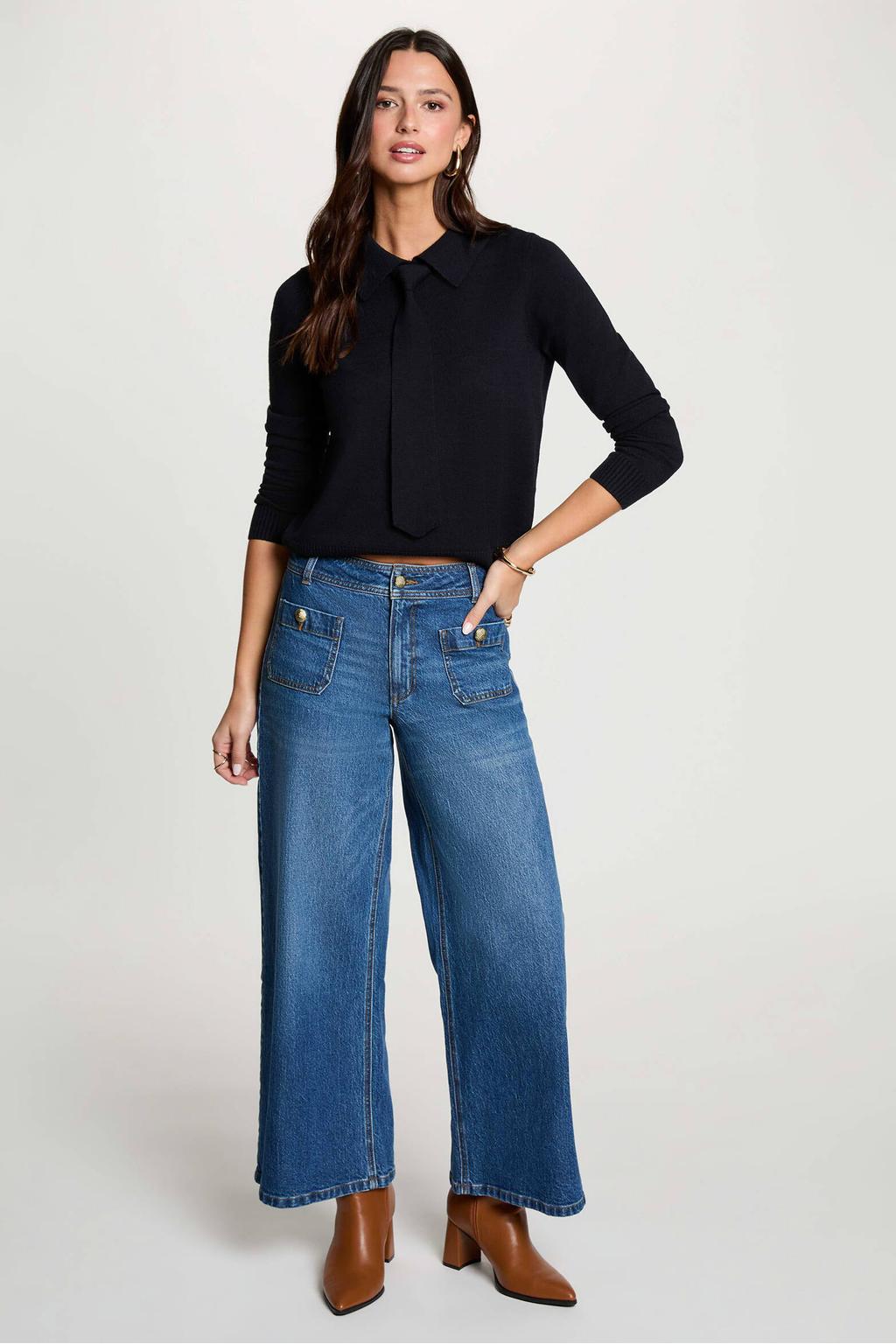 Medium blue denim dames Morgan wide leg jeans mediumblauw van denim met high waist, rits- en knoopsluiting en effen