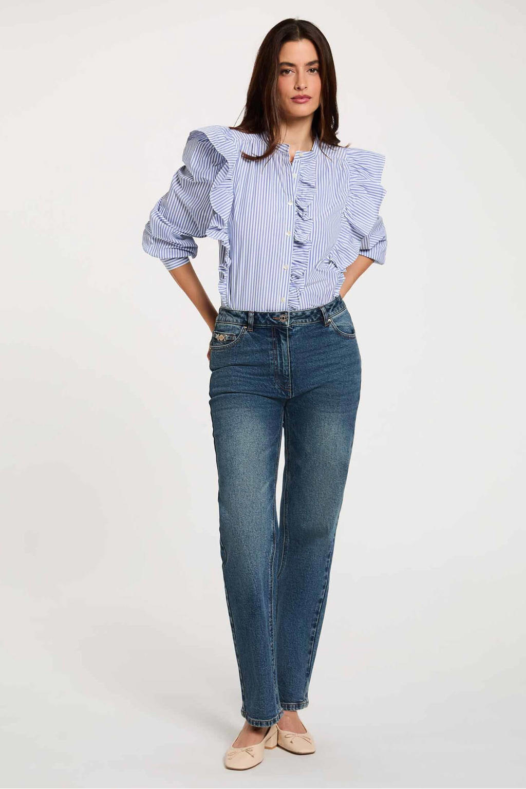 Morgan gestreepte blouse met ruches - lichtblauw