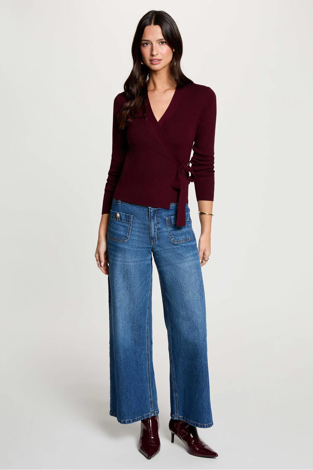 Donkerpaarse dames Morgan wikkelvest van viscose met effen, lange mouwen, V-hals en striksluiting