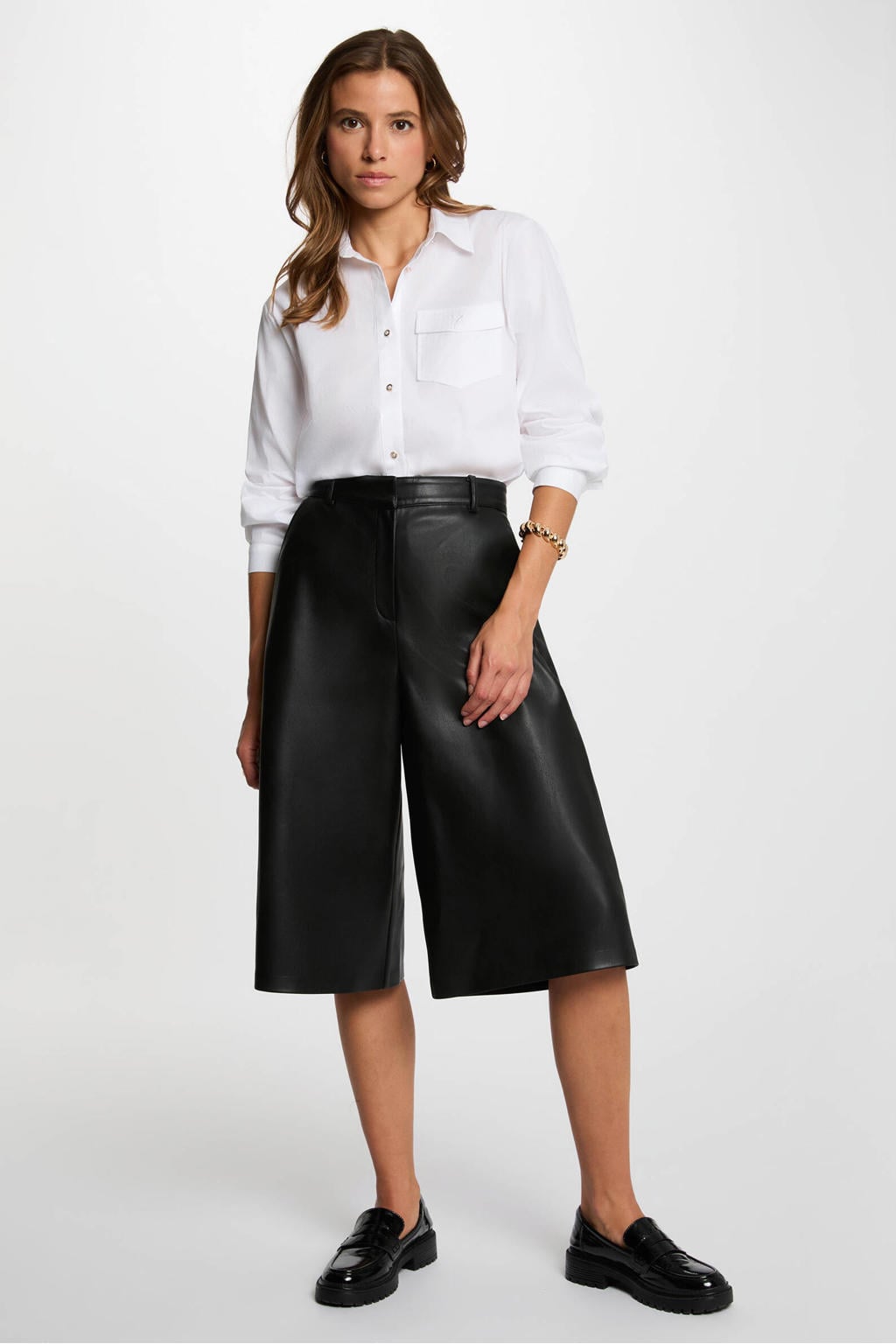 Zwarte dames Morgan imitatieleren bermuda met loose fit, high waist en rits- en drukknoopsluiting
