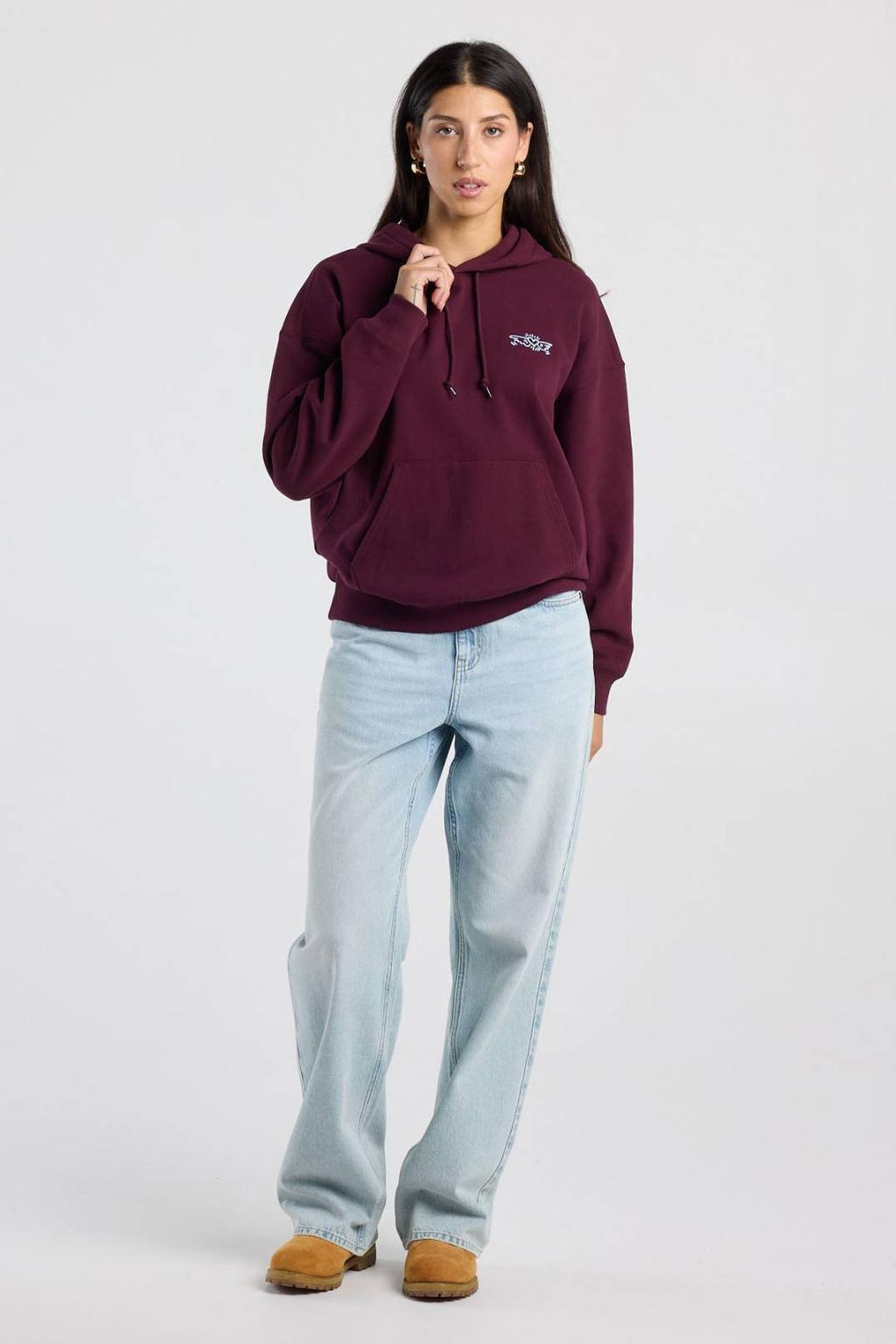Donkerrode dames America Today gebreide hoodie van katoen met backprint, lange mouwen en capuchon