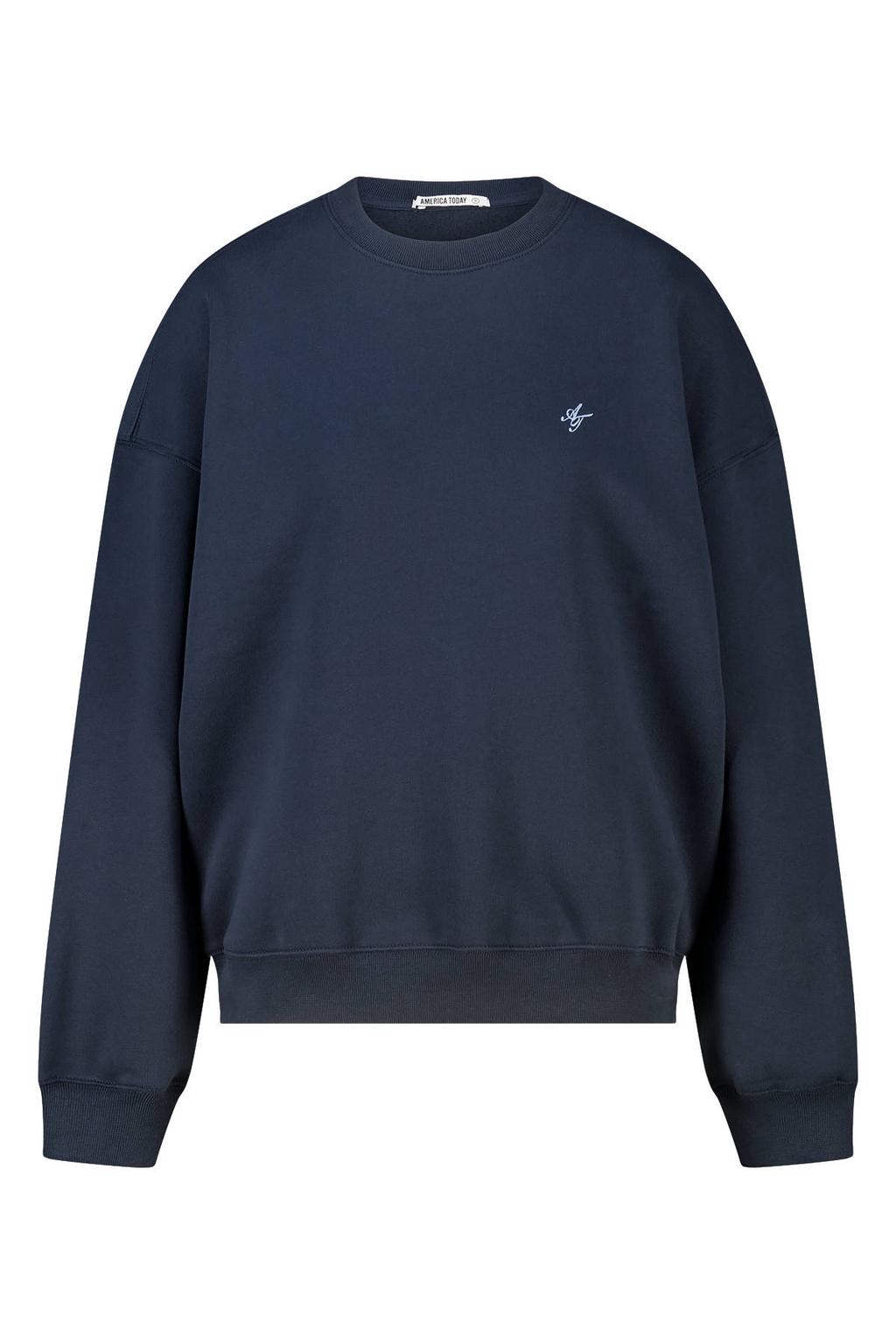 Donkerblauwe dames America Today sweater van katoen met backprint, lange mouwen en ronde hals