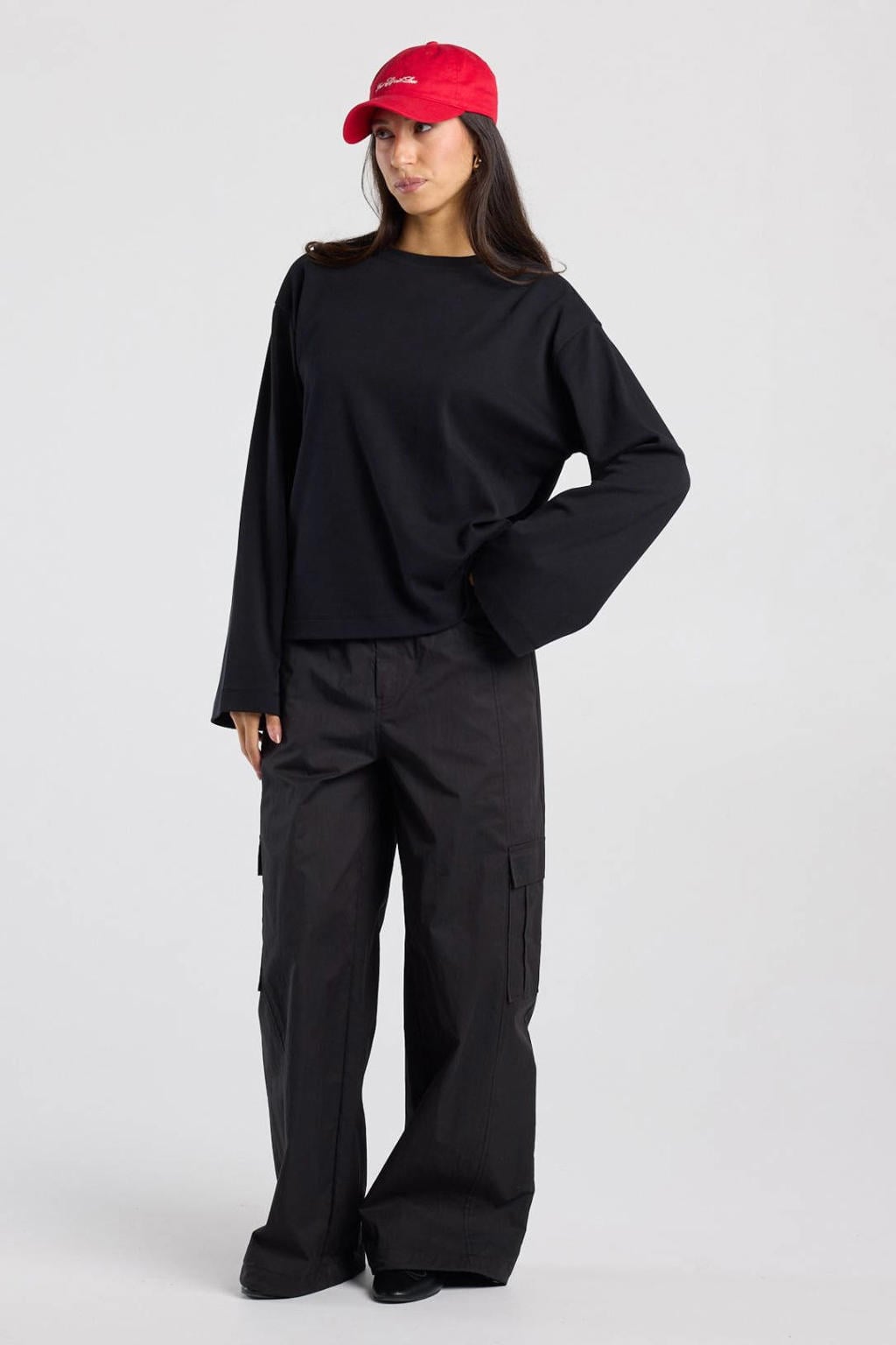 Zwarte dames America Today longsleeve van katoen met effen, lange mouwen en ronde hals