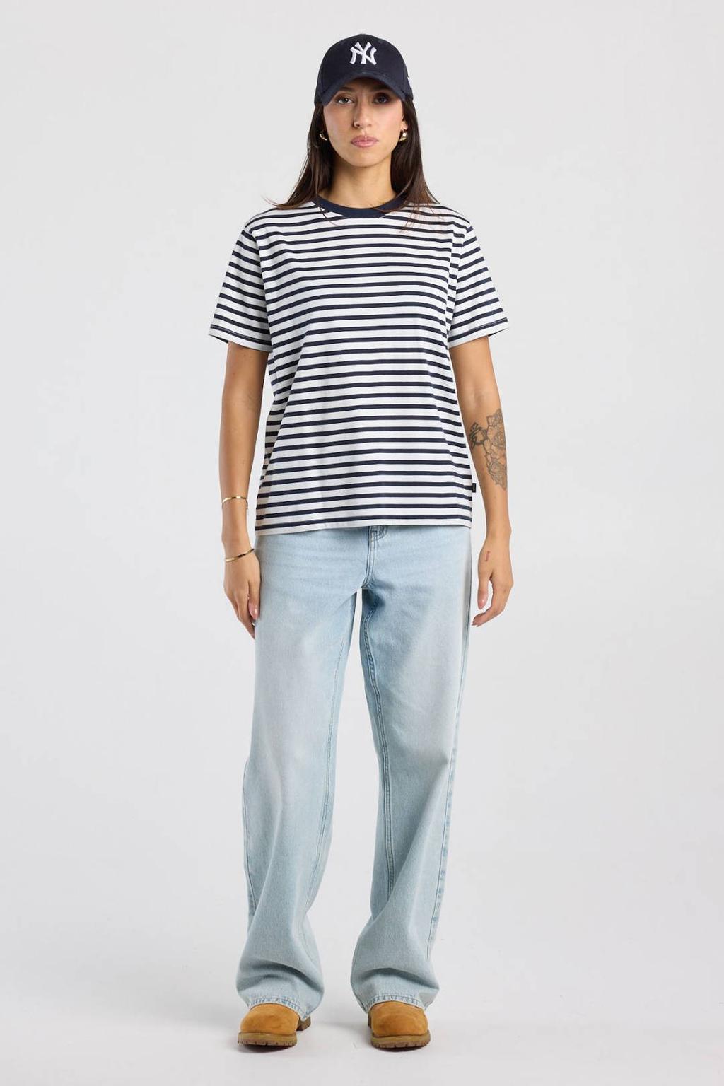 Donkerblauwe dames America Today gestreept T-shirt van katoen met korte mouwen en ronde hals