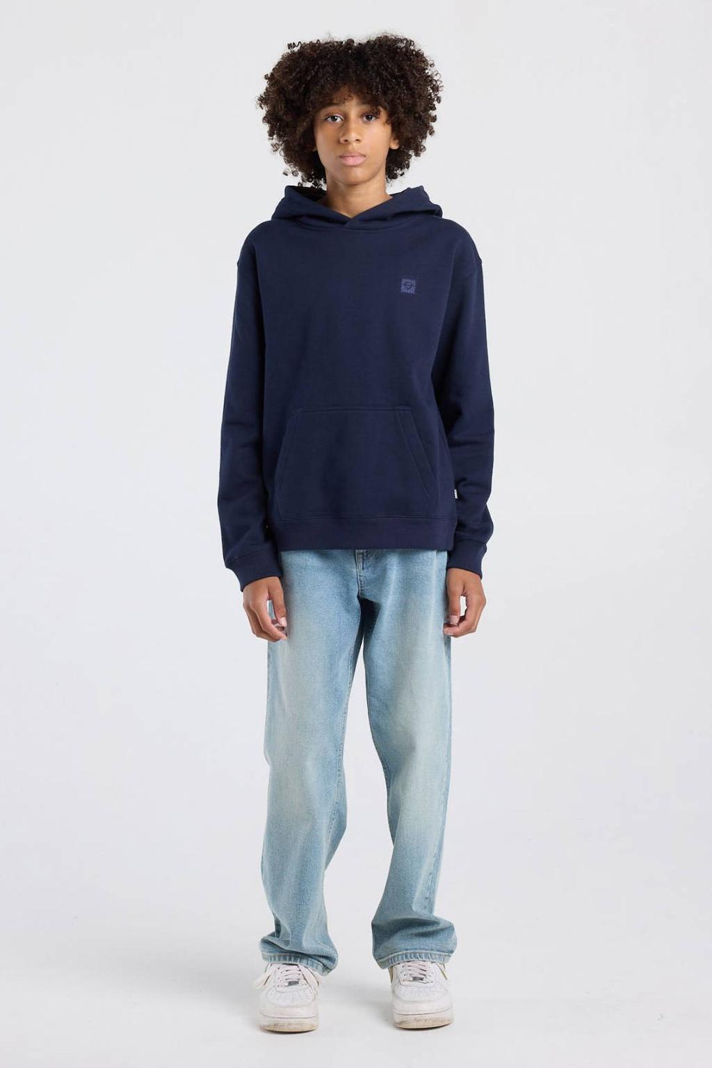 Donkerblauwe jongens America Today hoodie van sweat materiaal met effen, lange mouwen en capuchon