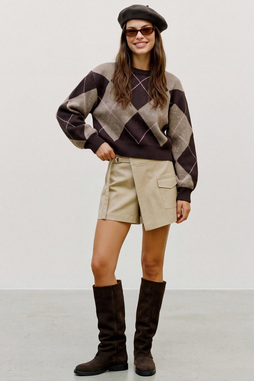 Bruin en beige dames VERO MODA gebreide geruite trui van wol met lange mouwen en ronde hals