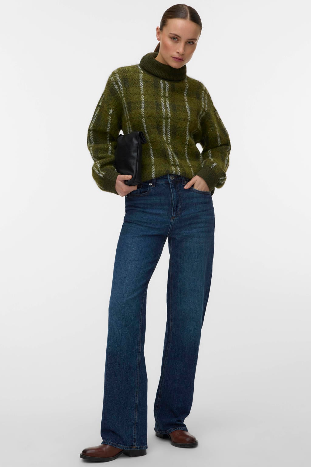 Groene dames VERO MODA gebreide geruite trui van polyester met lange mouwen en col