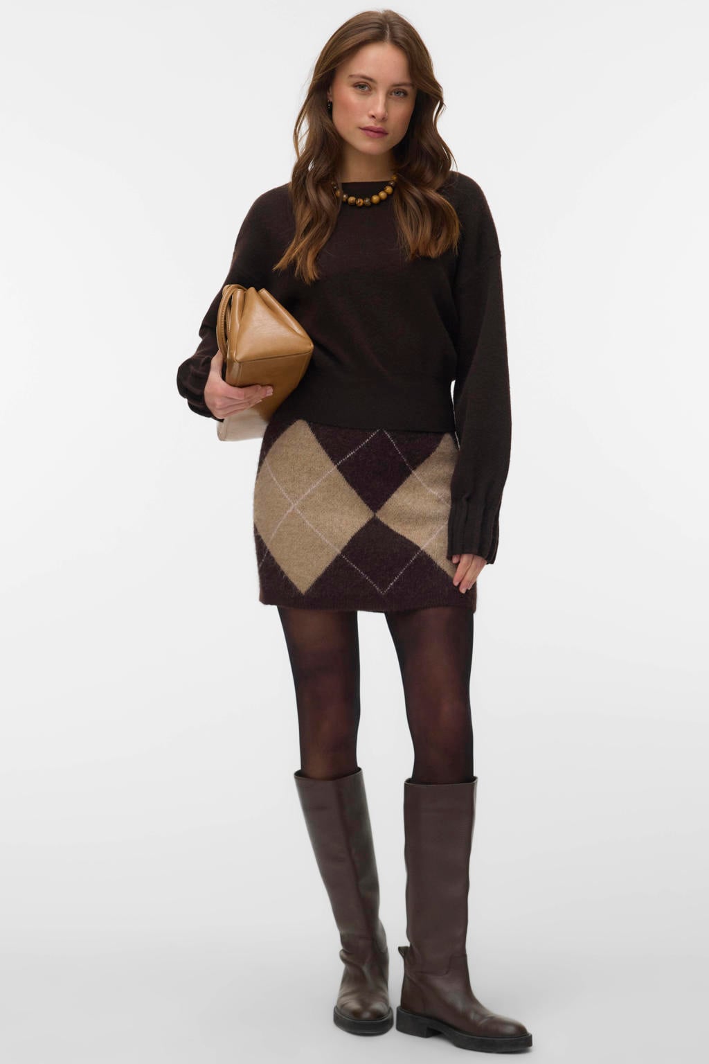 Bruine dames VERO MODA gebreide geruite korte rok gemaakt van polyester