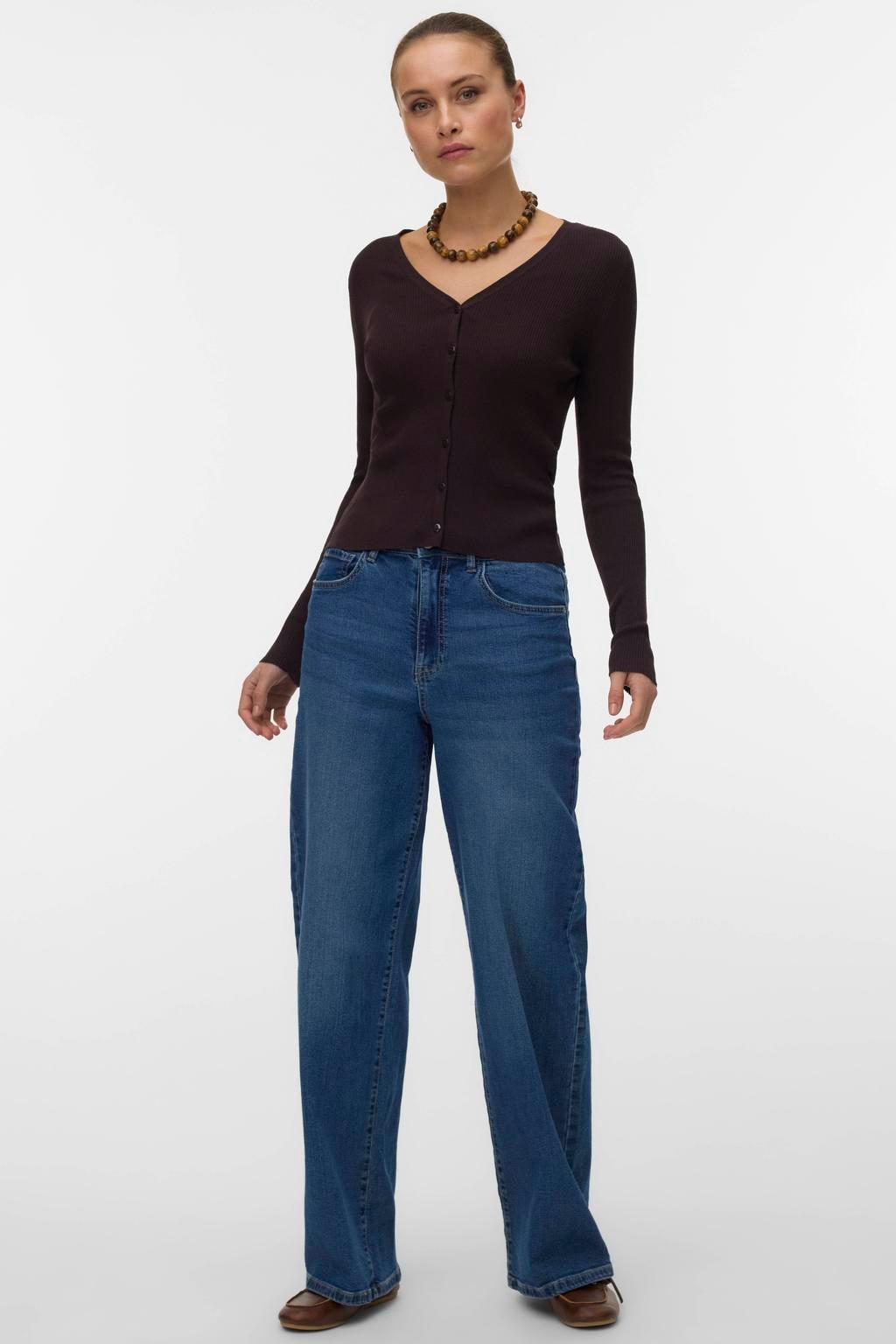 Medium blue denim dames VERO MODA hr wide jeans vi3601 van denim met rits- en knoopsluiting en effen