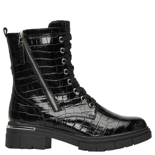 s.Oliver Women Shoes veterboots met profielzool en dierenprint zwart