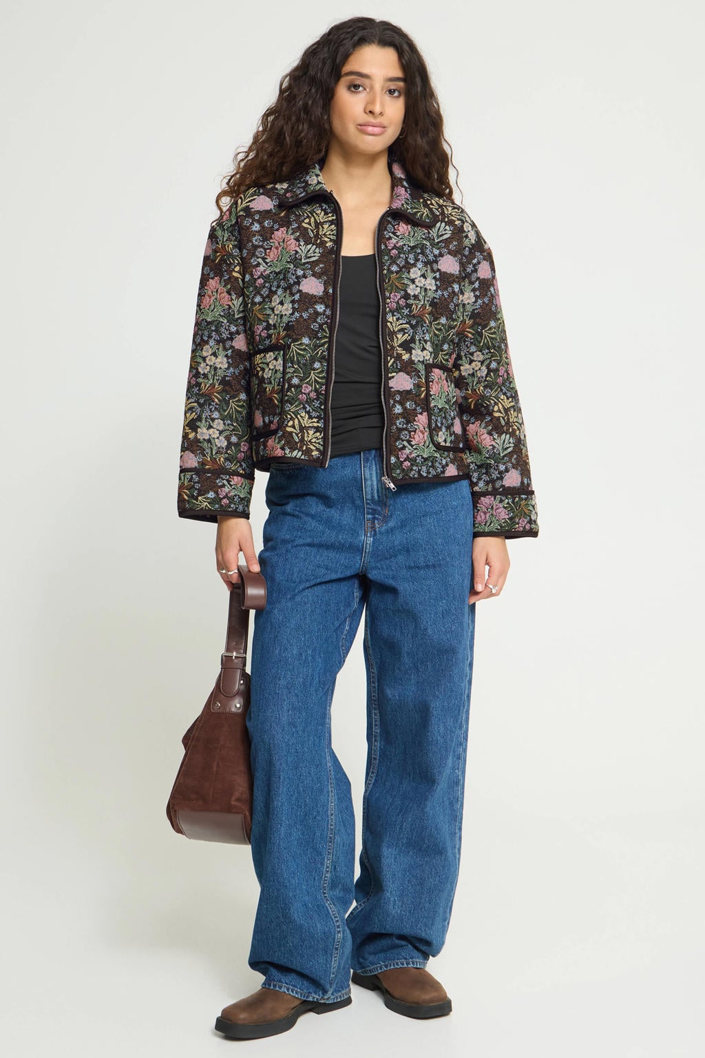 Zwart en multikleurige dames ICHI gebloemde jacket meerkleurig van polyester met lange mouwen en klassieke kraag