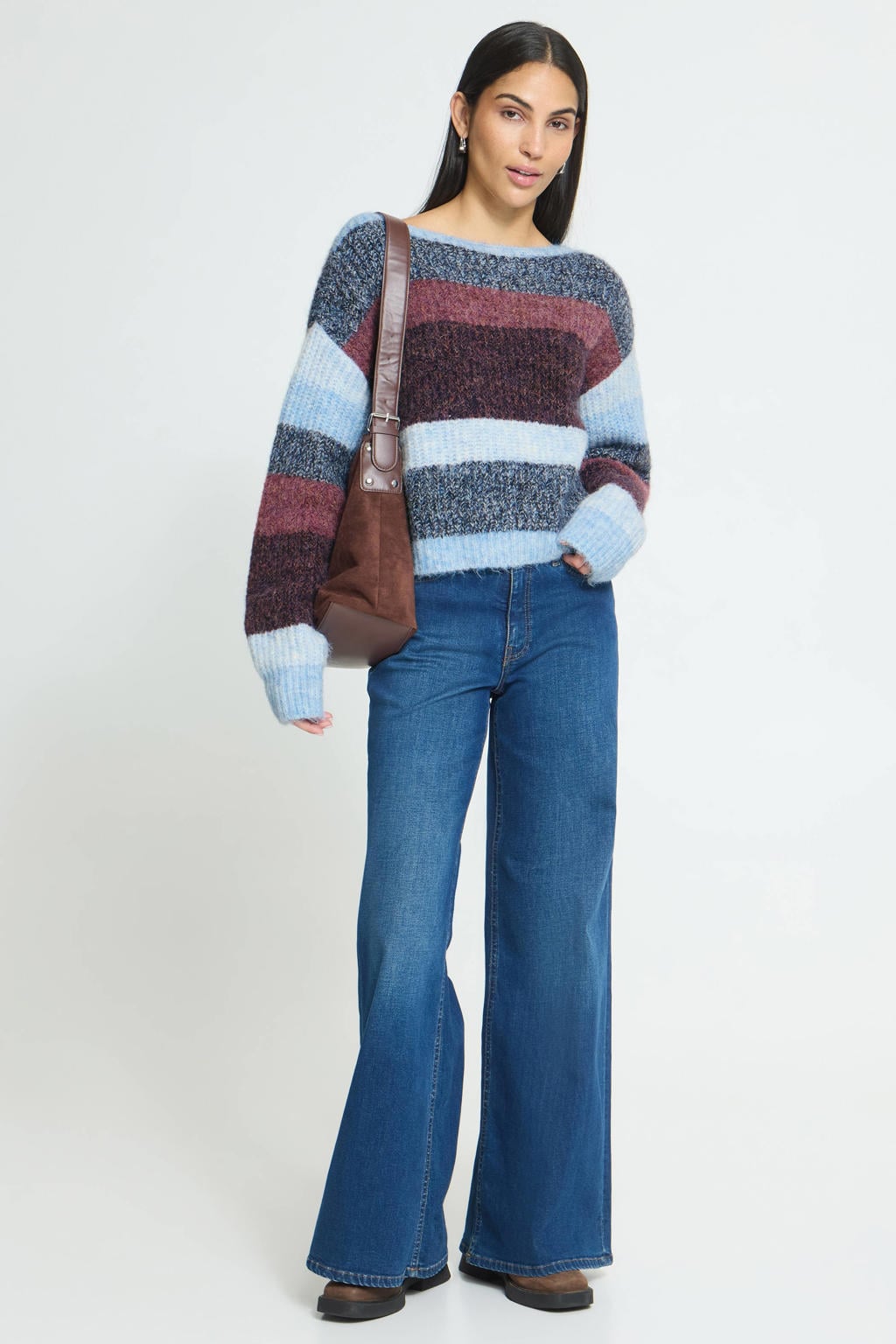 Lichtblauw en multikleurige dames ICHI gebreide gestreepte trui meerkleurig van polyester met lange mouwen en boothals