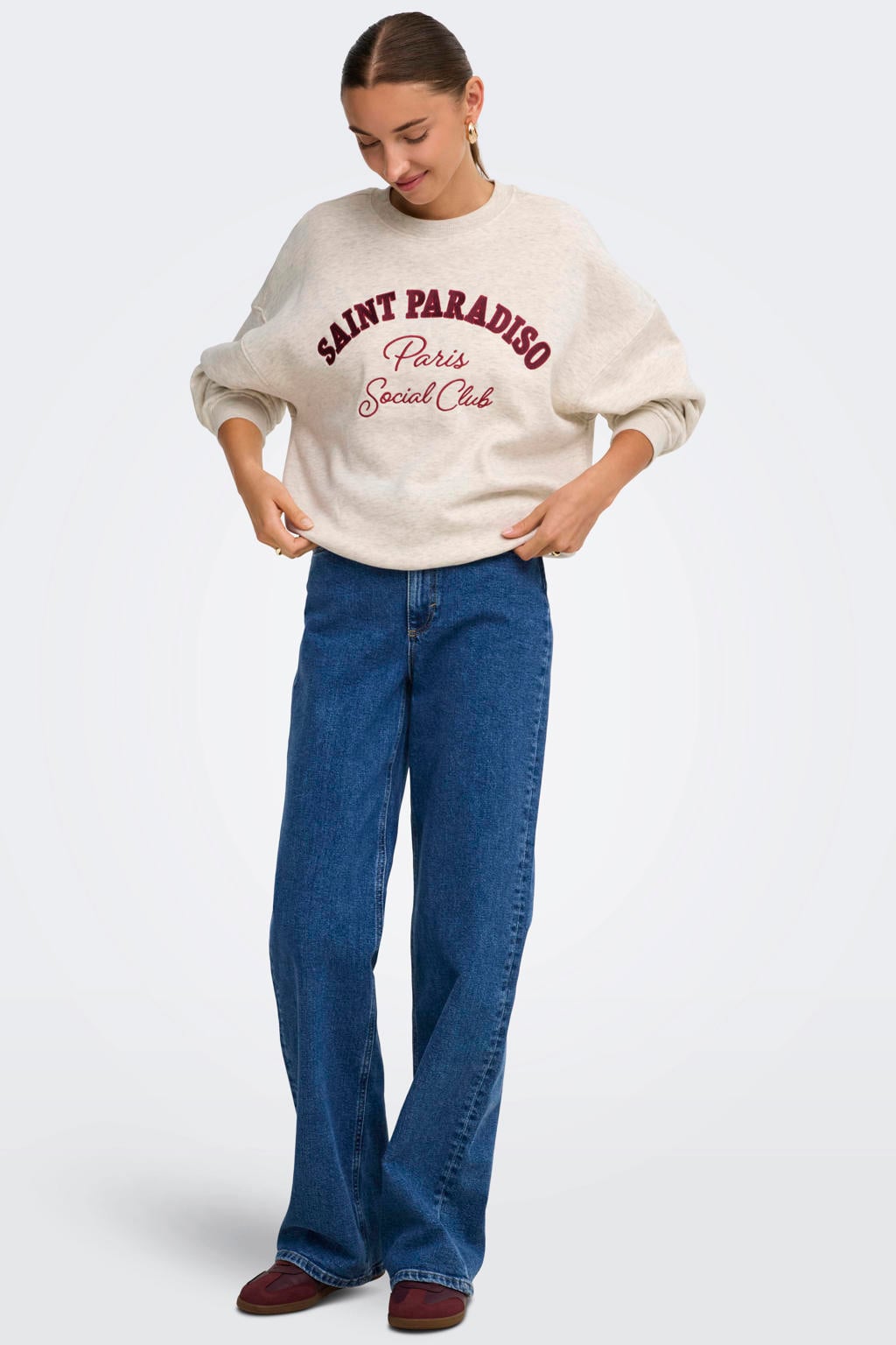 Beige en rode dames JDY oversized trui en print van sweat materiaal met lange mouwen, ronde hals en borduursels