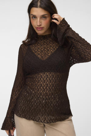 Plus Size aansluitende semi-transparante top - donkerbruin