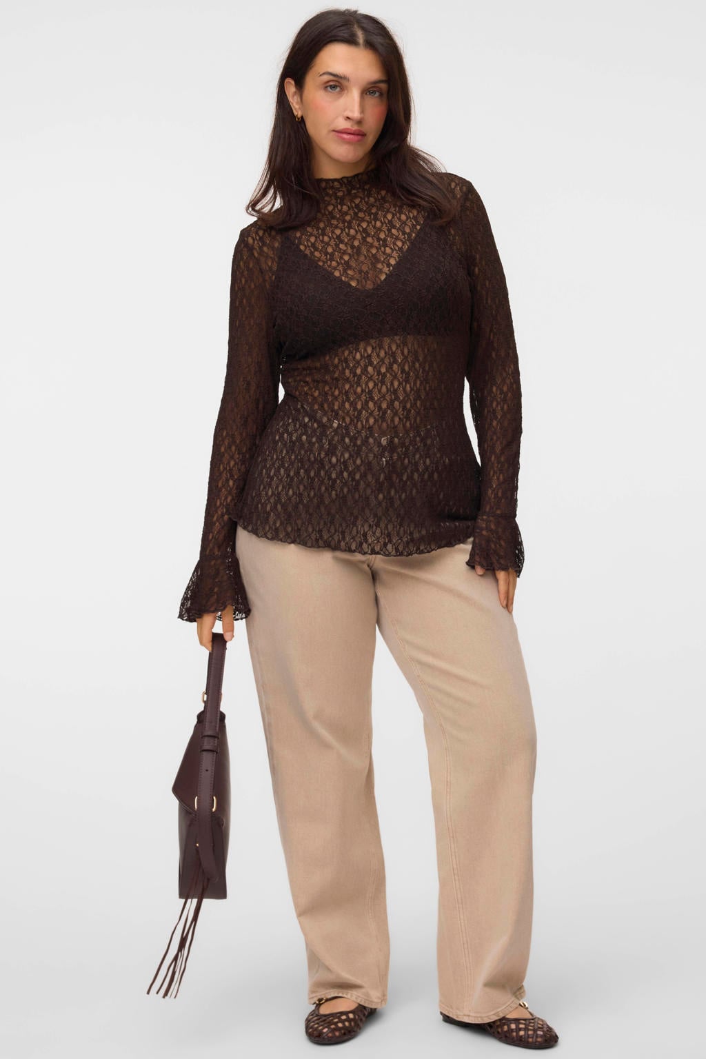 VERO MODA Curve x Wehkamp Plus Size aansluitende semi-transparante top - donkerbruin